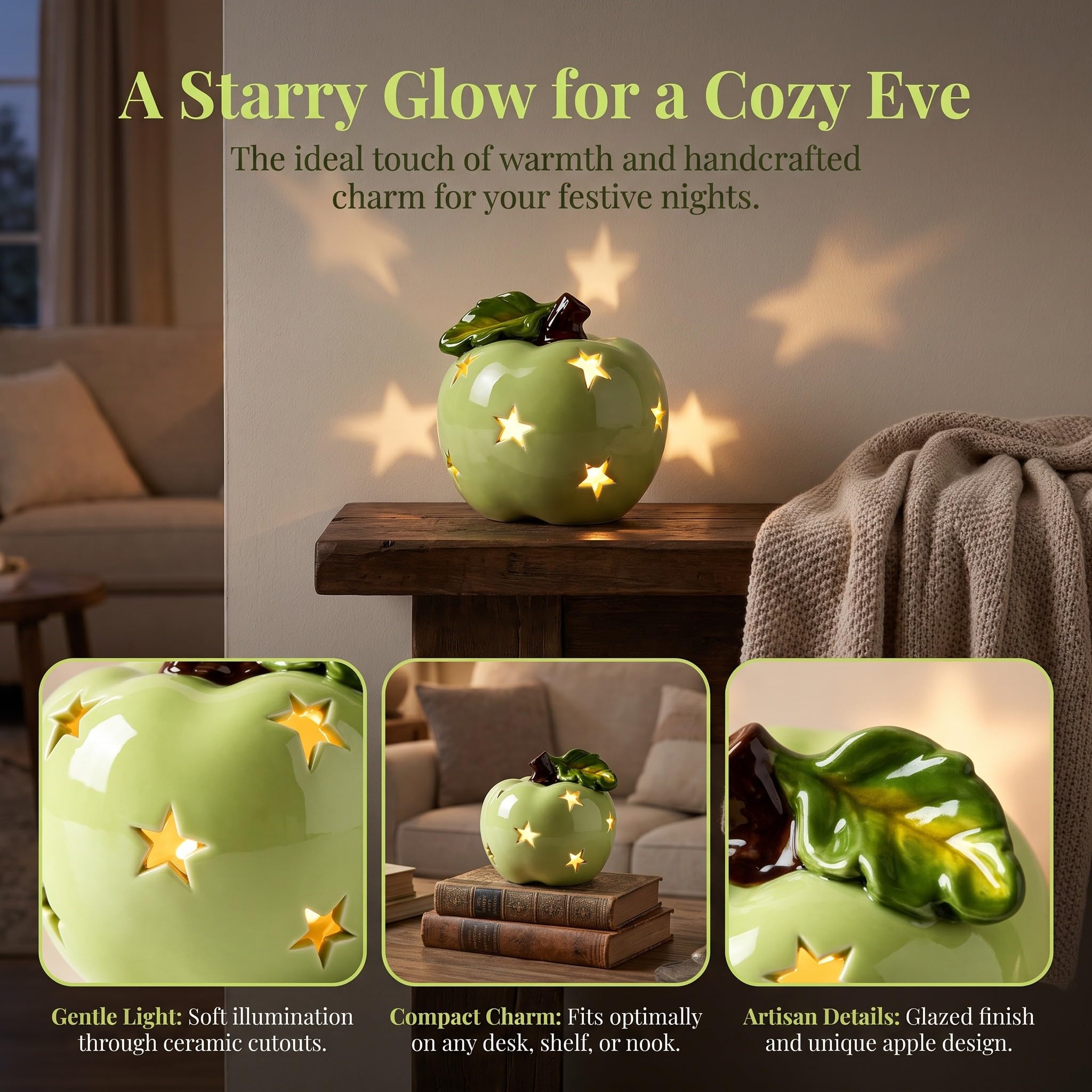 UKCOCO Luce notturna a LED a forma di mela verde in ceramica, decorazione