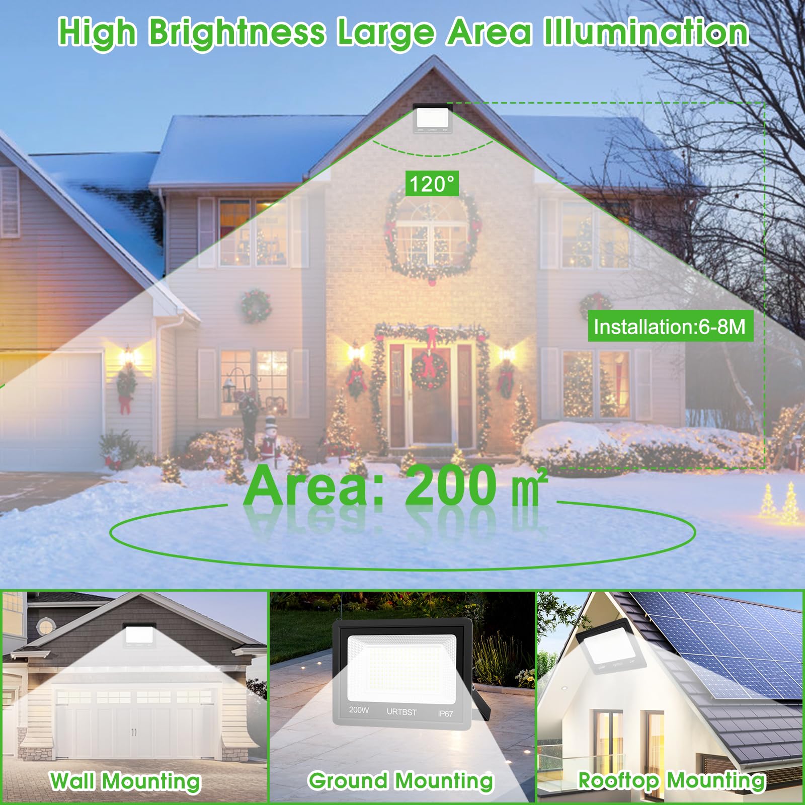 Proiettore LED per esterni, 200 W, 20000 lm, IP67, impermeabile, 7000 K, bianco freddo, per cortile, giardino, garage, terrazza