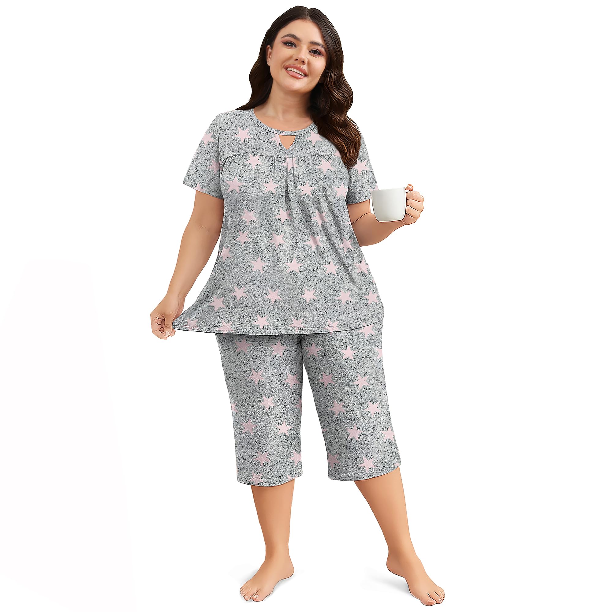 Heat Move Women’s Plus Size 2-Piece Pajama Set – Soft Short Sleeve Top &amp; Capri Pant Sleepwear with Pockets, L-5XL