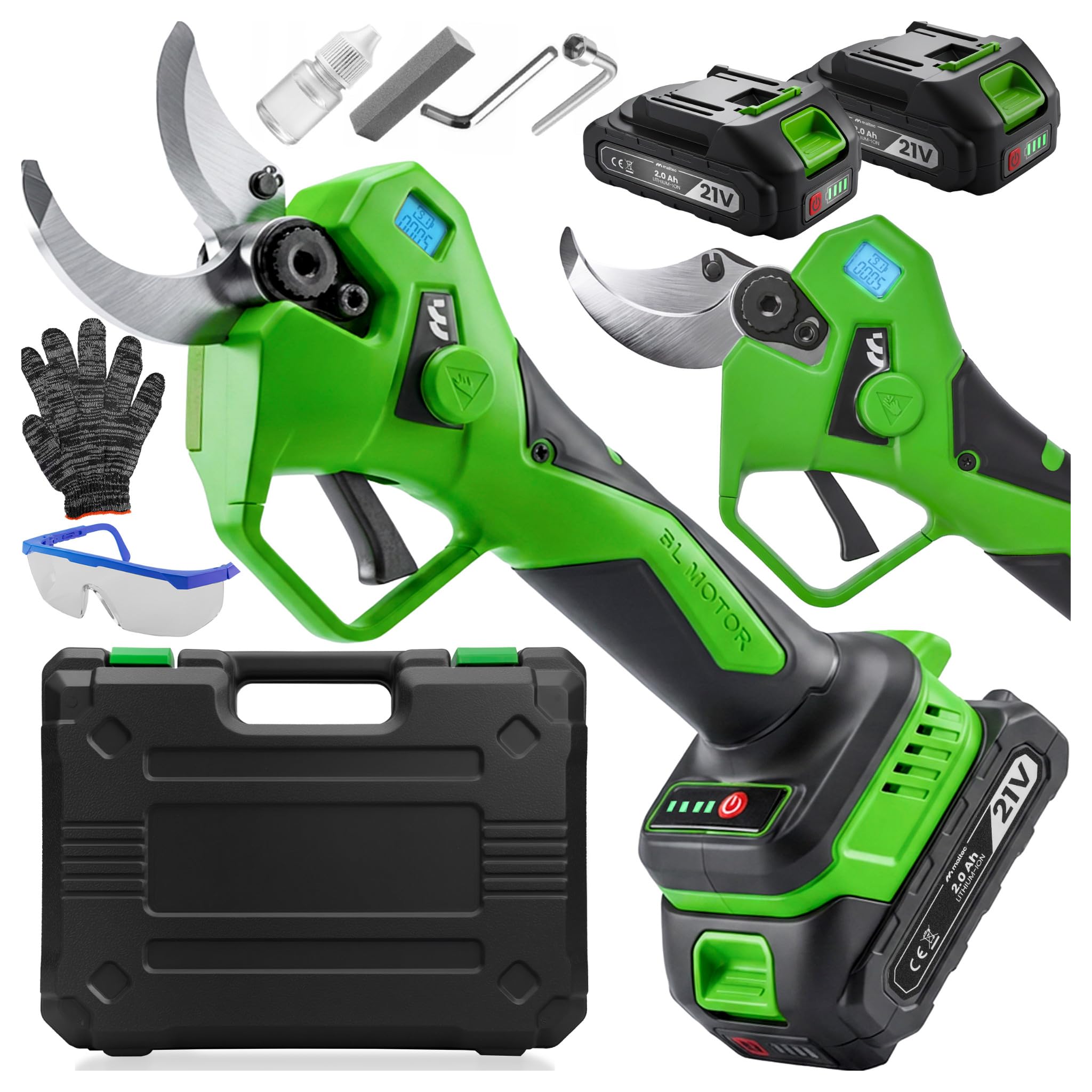 MalTec Sécateur électrique sans fil professionnel Diamètre de coupe 40 mm 2 batteries 21 V avec mallette