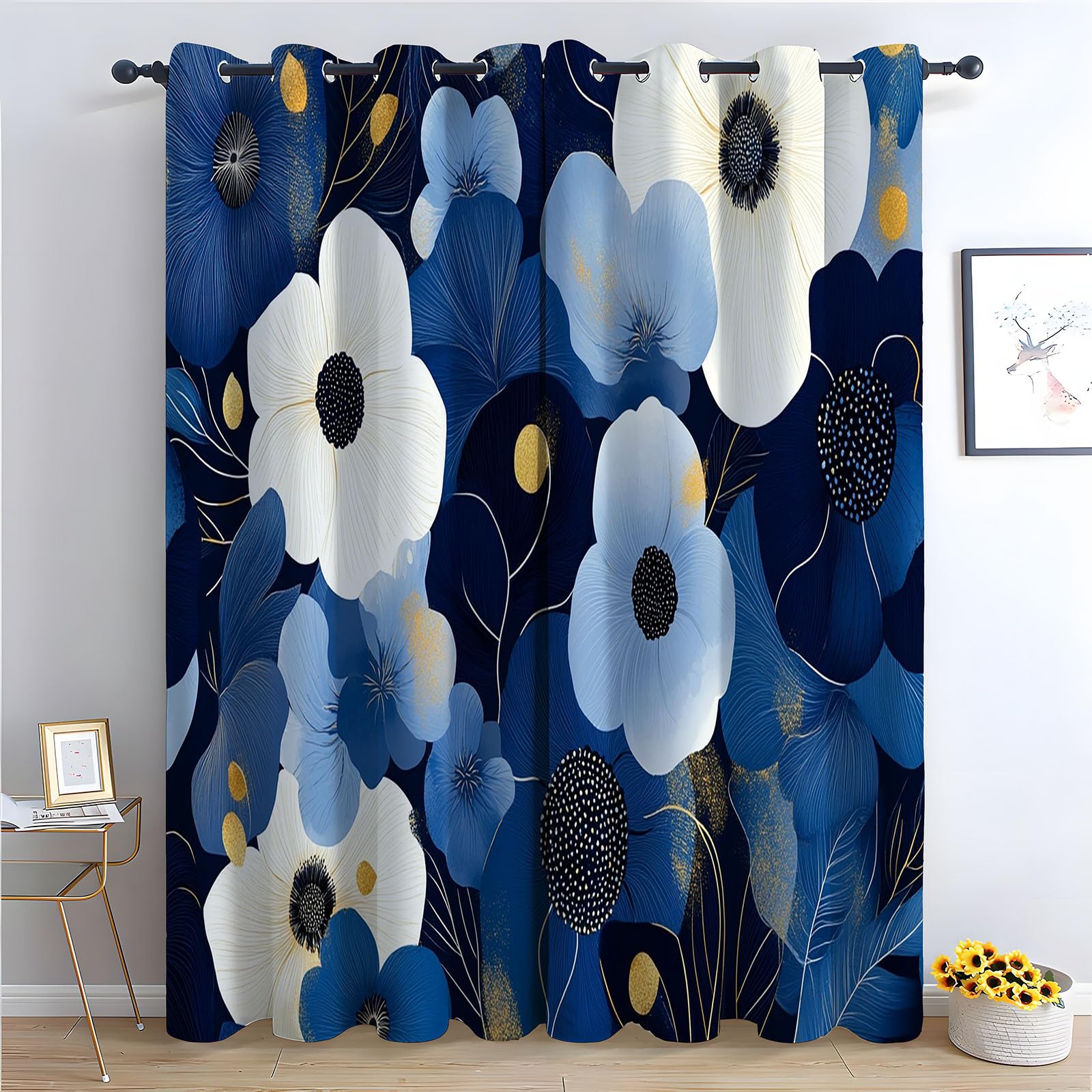 WQBQKKX Botanical Abstract Line Garden Curtains for Bedroom Flowers Black out Curtains Watercolor Botanical Flower Print Pattern Window Drapes for Bedroom-52 W x 84" L (Pack of 2)