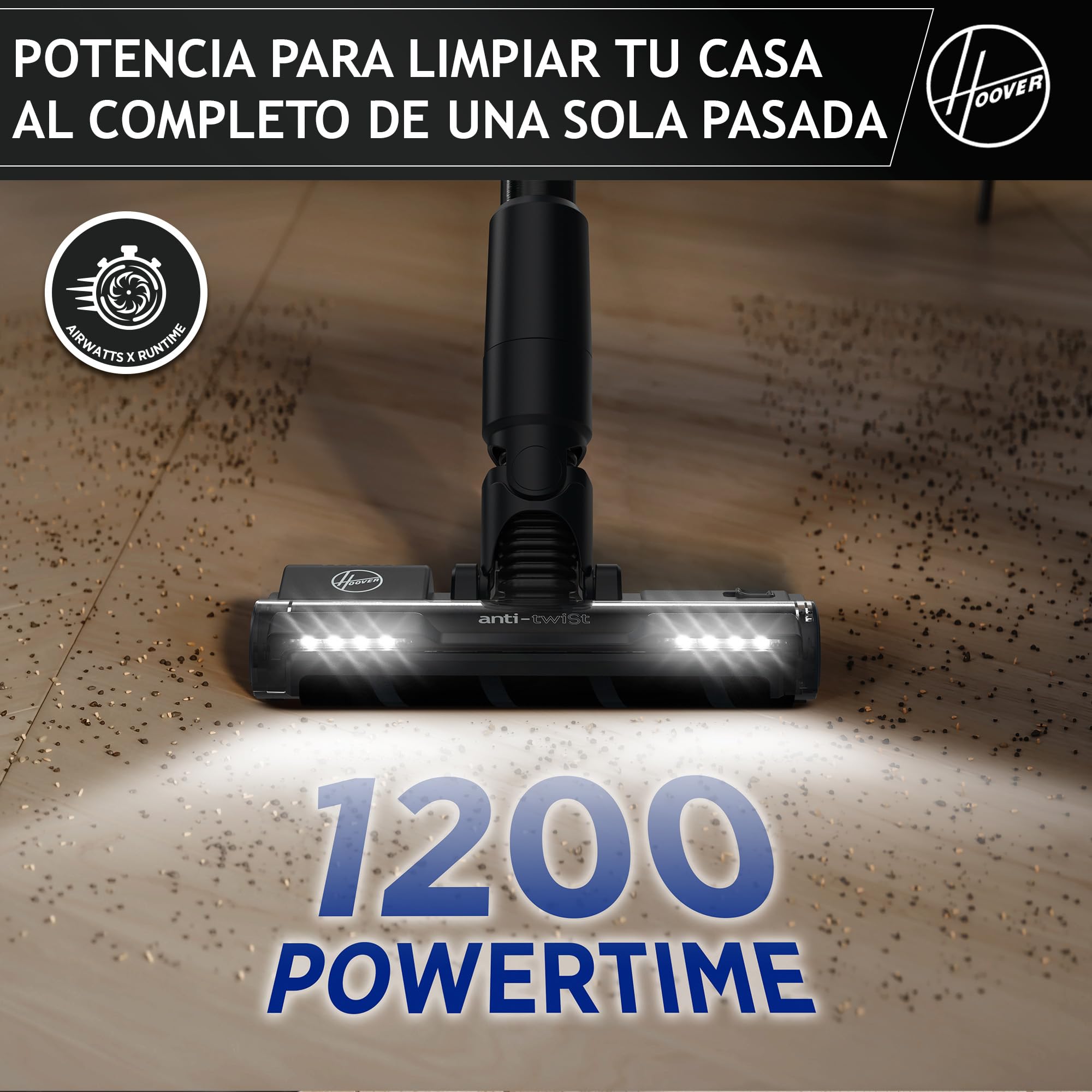 Hoover Aspiradora Escoba Sin Cable Especial Suelos Duros, 1200 POWERTIME, Alta Potencia, Cepillo Antienredos, Luces LED, Ligera, Ideal para Rincones [HF401H]