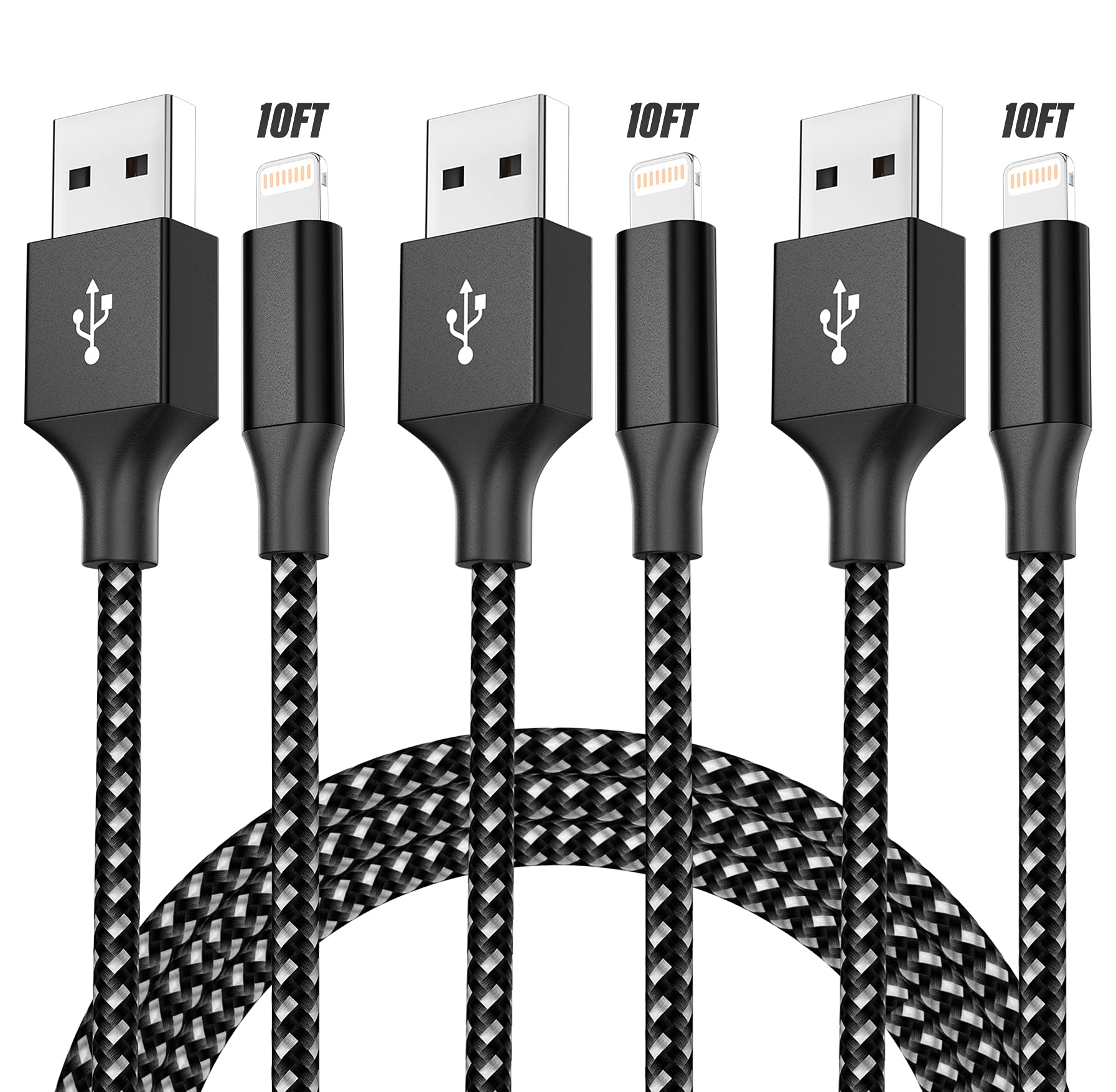 Mfi Certified iPhone Charger Cable 3Pack 10FT Lightning Cable Nylon Braided iPhone Charger Fast Charging Syncing Long Cord Compatible iPhone 12/11Pro/Max/11/XS/Max/XR/X/8/8P/7 and More