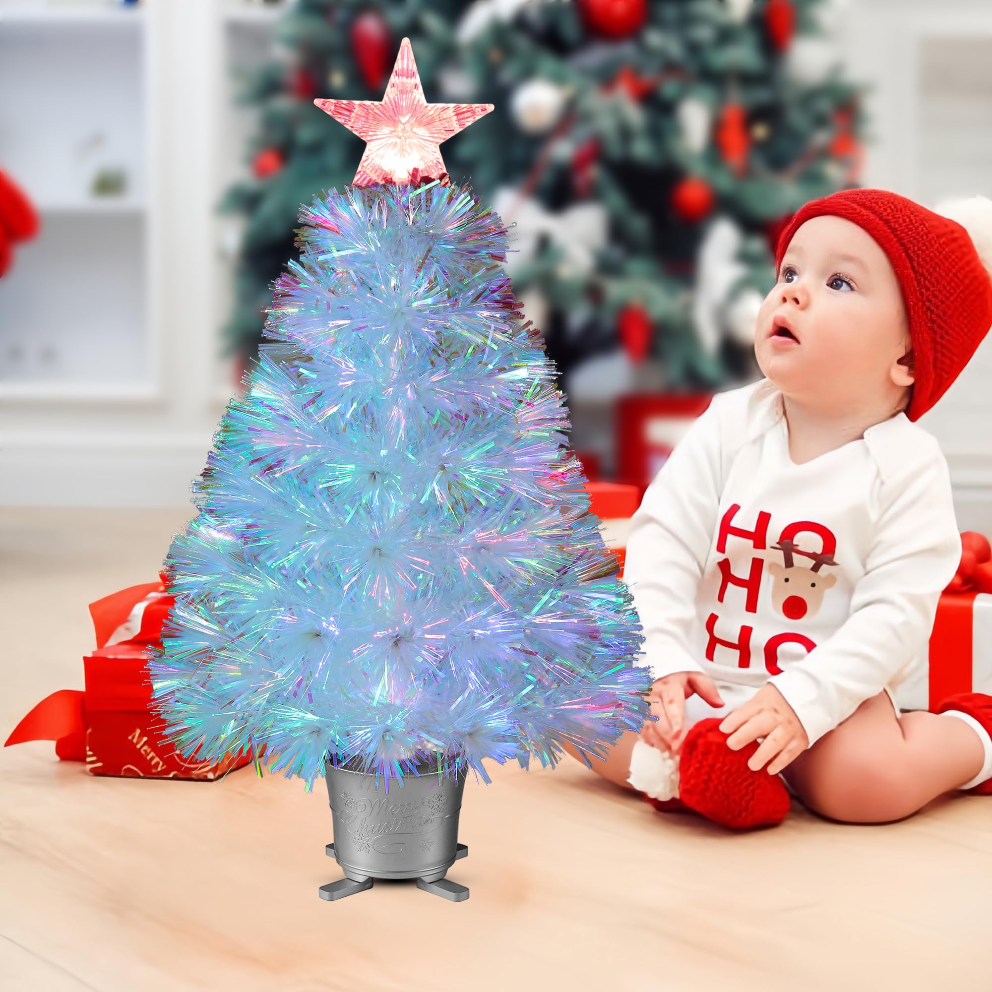 YUETJIN Petit sapin de Noël artificiel de table en fibre optique pré-éclairé de 61 cm avec étoiles - Transparent