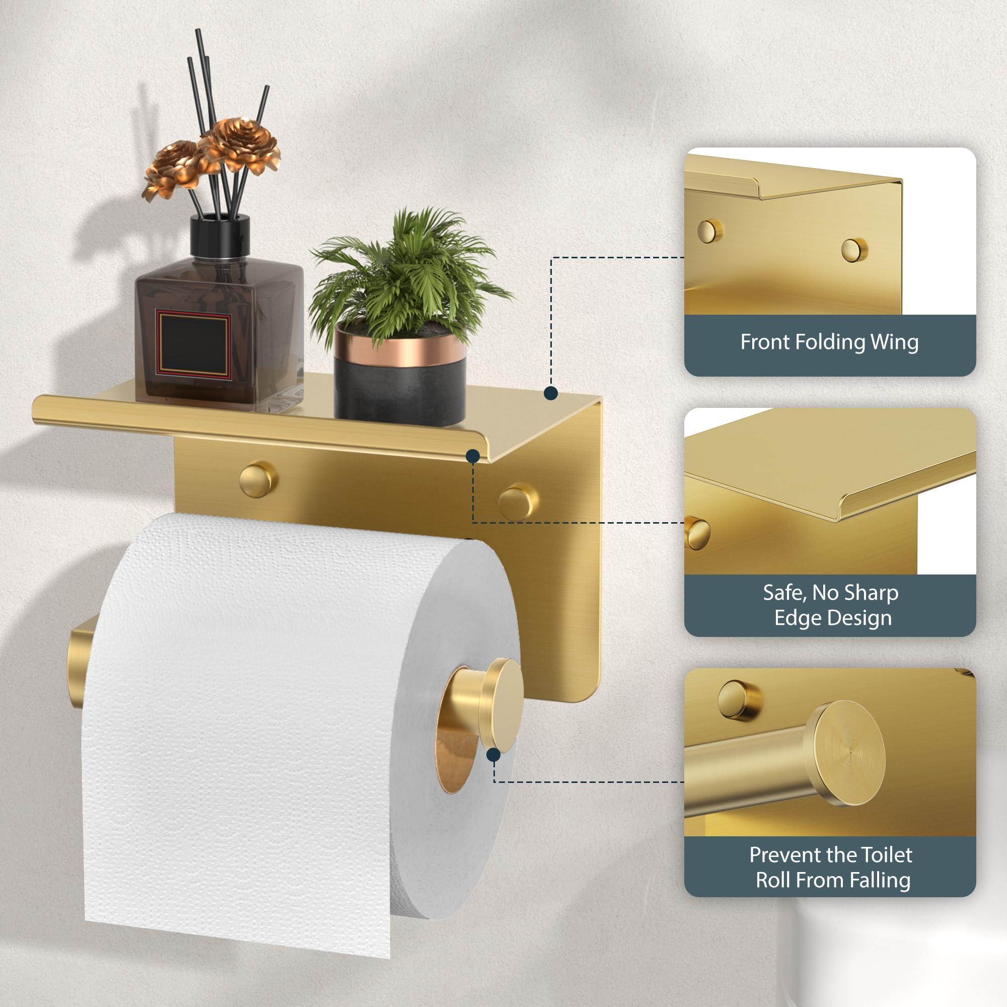 FORIOUS Toilet Paper Holder with Shelf, Adhesive or Screw, Commercial — Amazon image 4