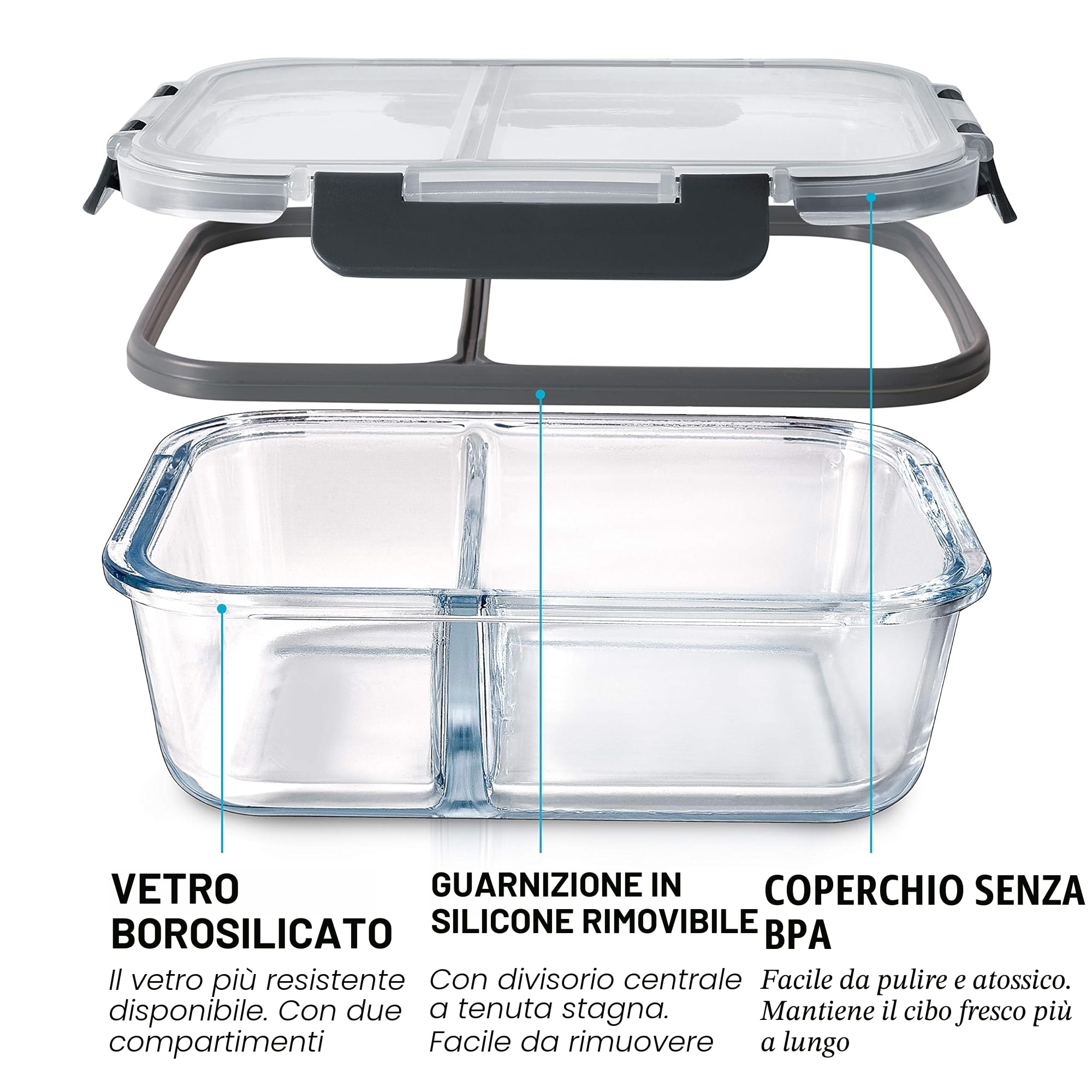 Igluu Meal Prep Contenitori Ermetici per Alimenti in Vetro con Coperchi (Set da 3) – 2 Scomparti – Senza BPA – Forno, Microonde, Freezer e Lavastoviglie – 980 ml – Vetro Borosilicato