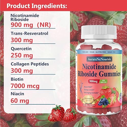 Miniatura 11 de NAD Suplemento Gomitas sin azúcar, NAD Nicotinamida Riboside Resveratrol 900 mg con Quercetina, Colágeno Biotina y Vitamina, Suplementos