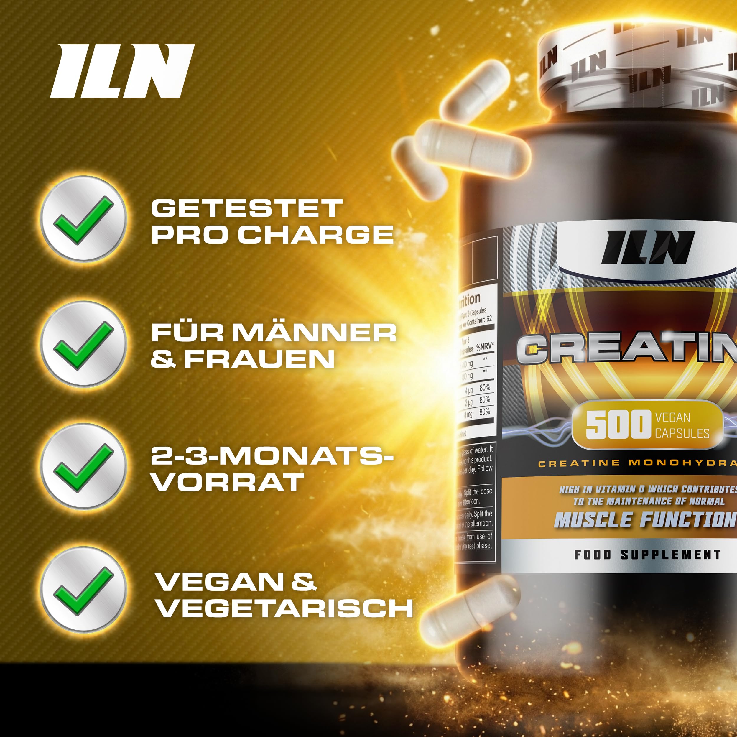 Creatin Kapseln – 5.200mg Kreatin Monohydrat – 500 Vegane Kapseln
