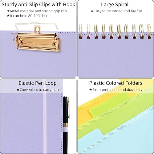 Vista 15 de Ospelelf Portapapeles plegable en espiral con bolsa de almacenamiento con cremallera, 5 carpetas de plástico con 10 bolsillos, bloc de notas forrado