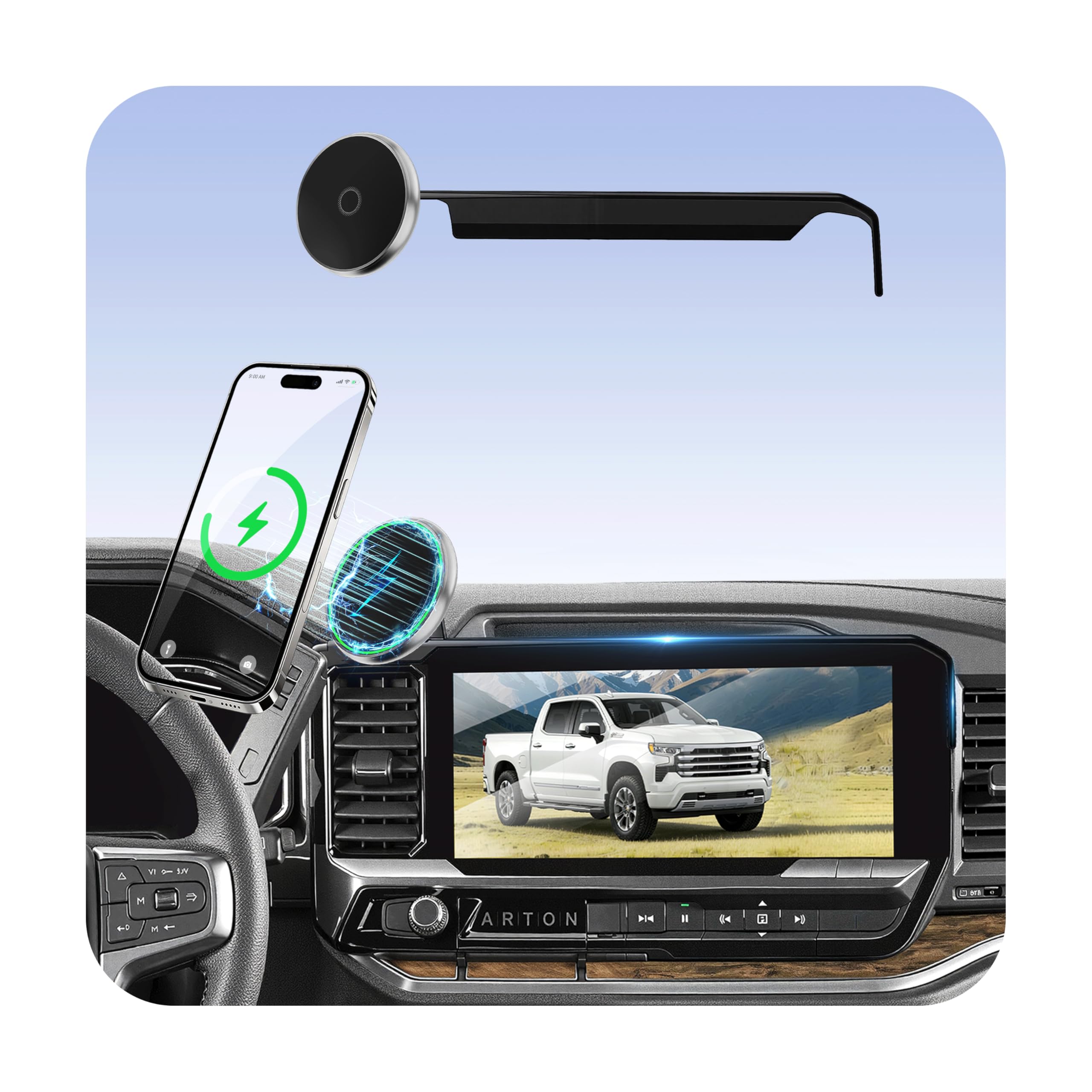 Phone Holder for Chevy Silverado 1500/2500/3500 (2022-2026, ONLY Fits 13.4" Screen), MagSafe Car Mount, 15W Magnetic Wireless Charger, 360° Rotating, Hands Free, 2023 Silverado Accessories Interior