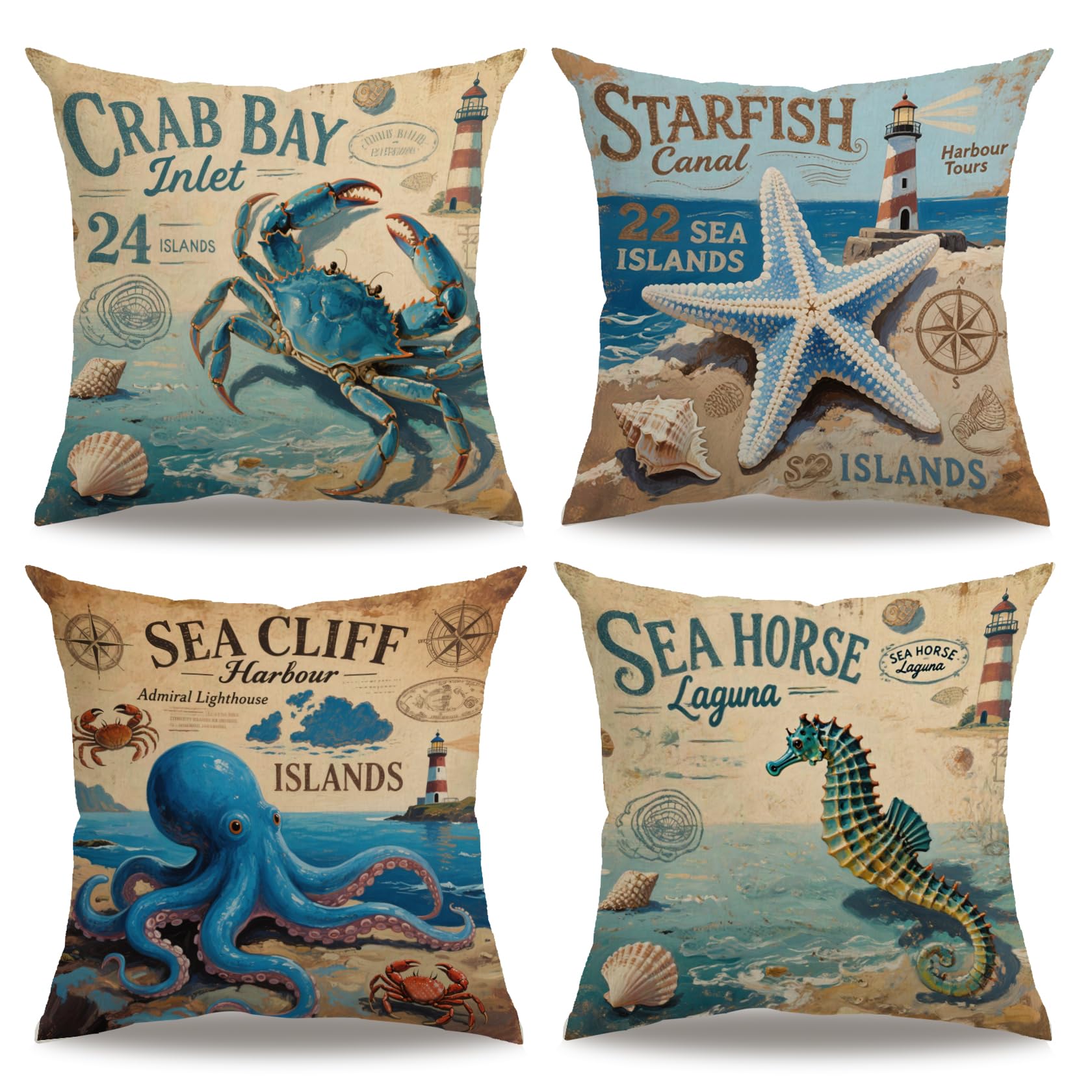 7Colorroom Beach-3 4Pack Ocean Theme Throw Pillow Covers 18”×18” Sea Animals Pillowcases Cushion Covers Starfish-Seahorse-Octopus-Crab (Beach-3)