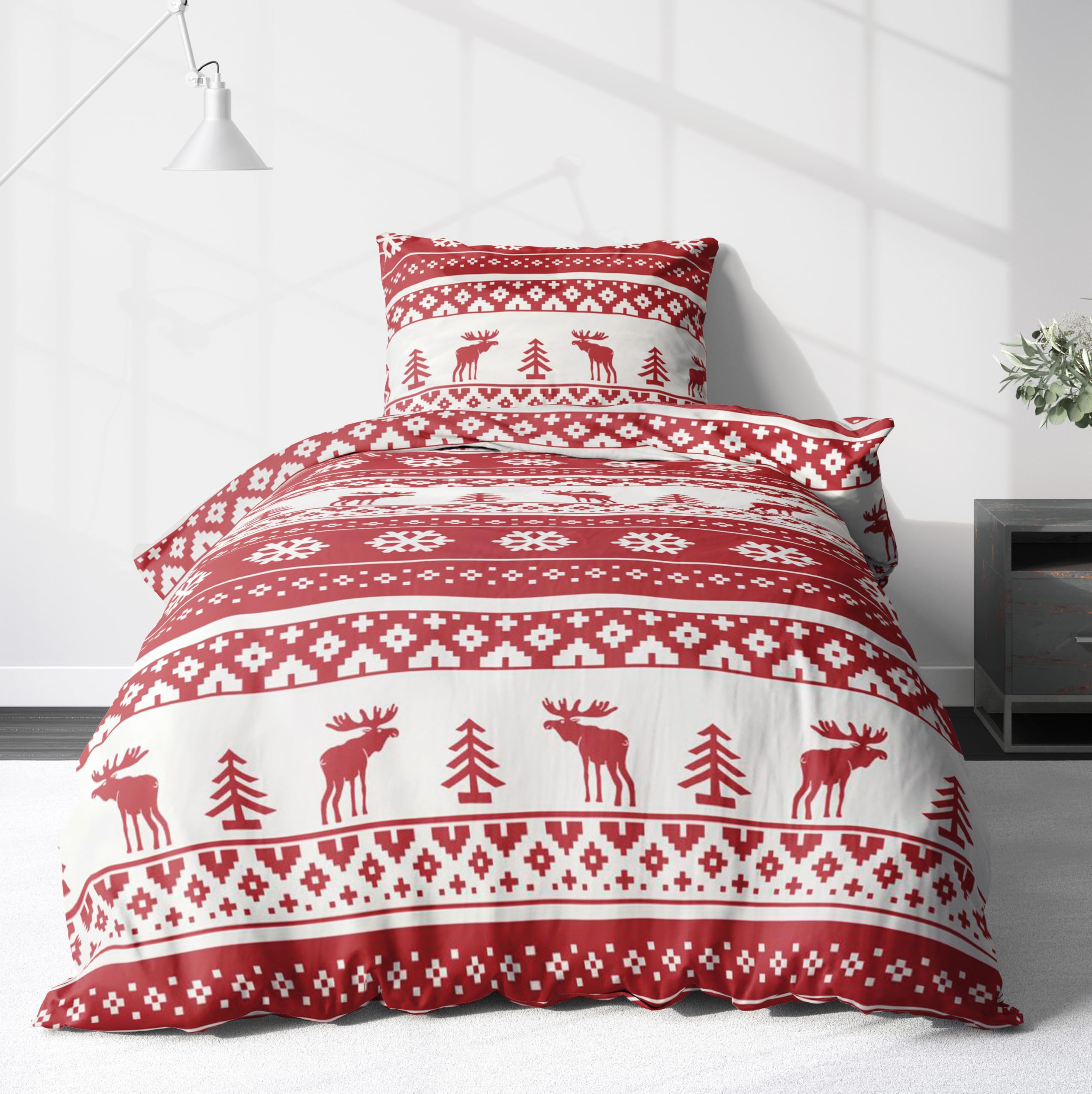 LINKHOFF Winter Flanell Bettwäsche 135x200 2 teilig - Fein-Biber Weihnachtsbettwäsche in Rot - Weihnachts Bettwäsche aus 100% Baumwolle