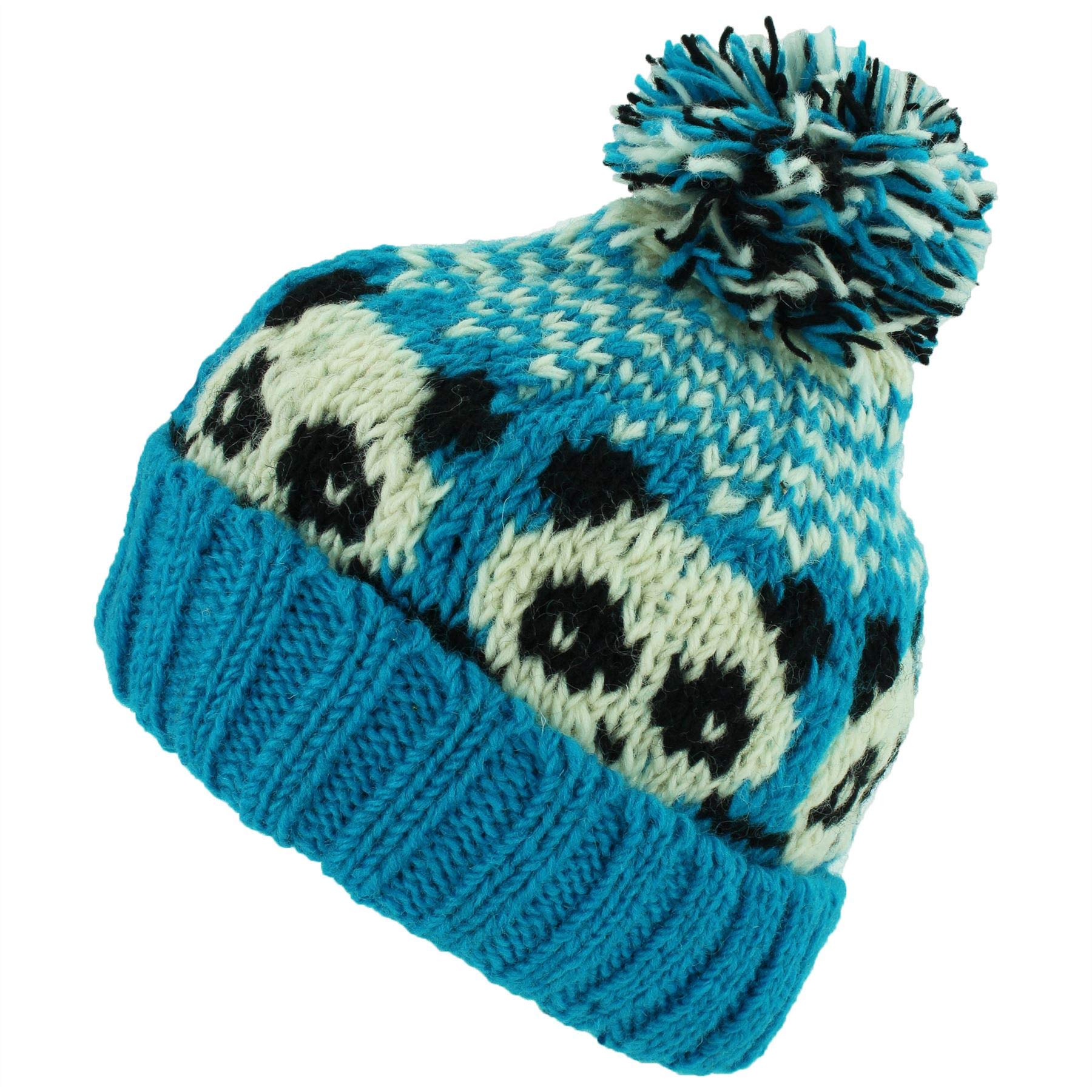 Wool Knit Bobble Beanie Hat - Panda - Blue White
