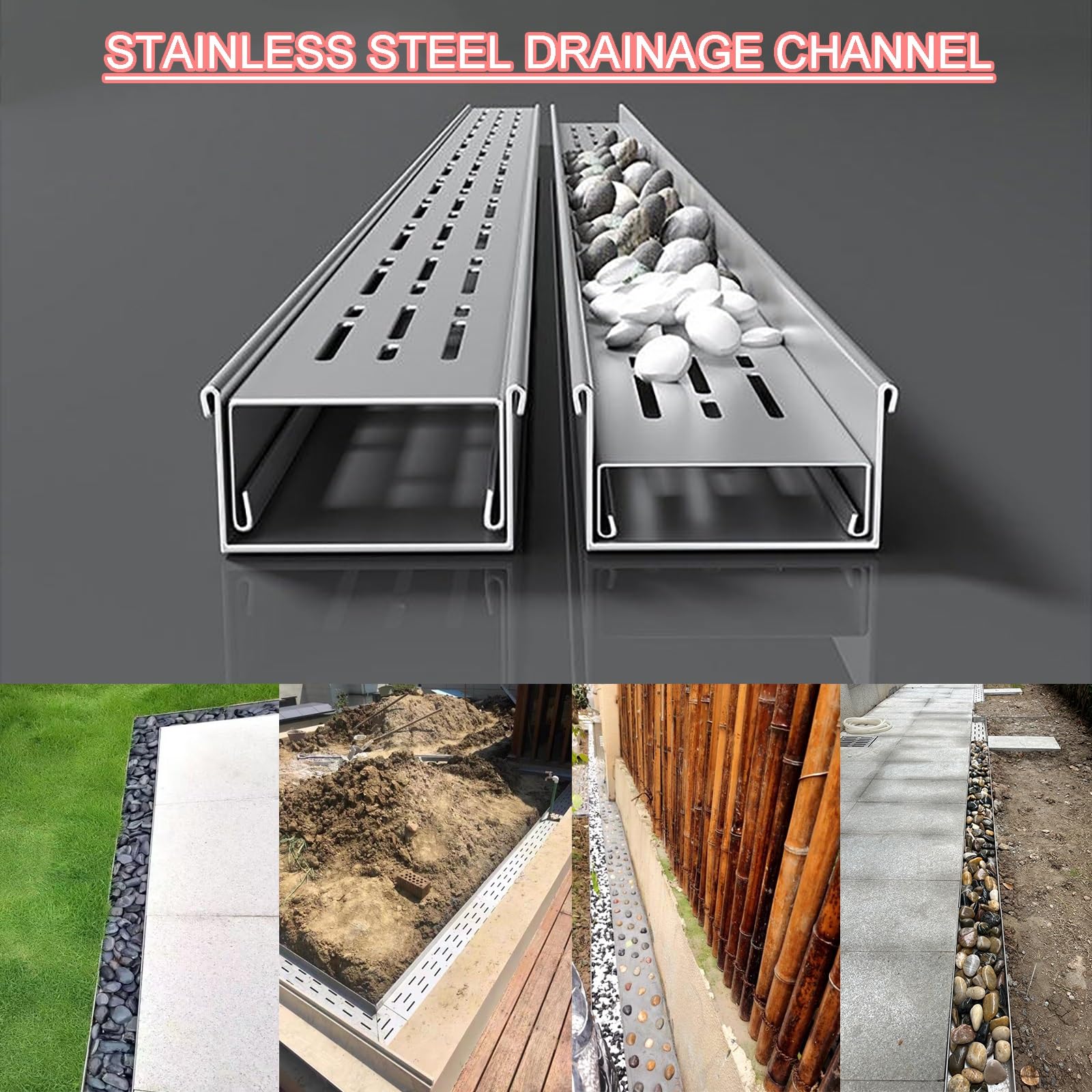 Wytrzymały zestaw odpływowy ze stali nierdzewnej 304, smukły zewnętrzny system odprowadzania wody na podwórko i patio, łatwa instalacja, 10 x 20 cm, odpływ kanałowy