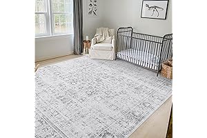 LIVEBOX 8x10 Washable Area Rug - Floral Vintage Grey, Distressed Retro Carpet