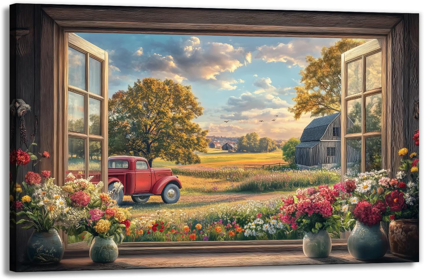 GLOKAKA Farmhouse Red Truck Canvas Wall Art Country Wildflower Landscape Window View Poster Vintage Farm Decor for Kitchen Living Room Home-12"x18"