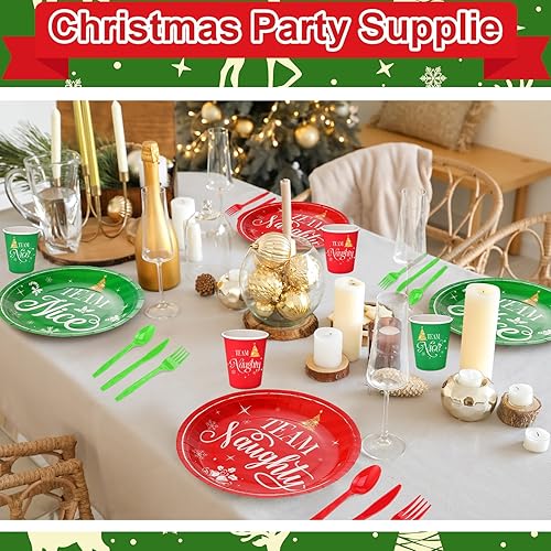 Miniatura 5 de Juego de vajilla desechable de 350 piezas de Navidad, sirve 50 platos de papel traviesos o agradables, equipo travieso, equipo travieso,