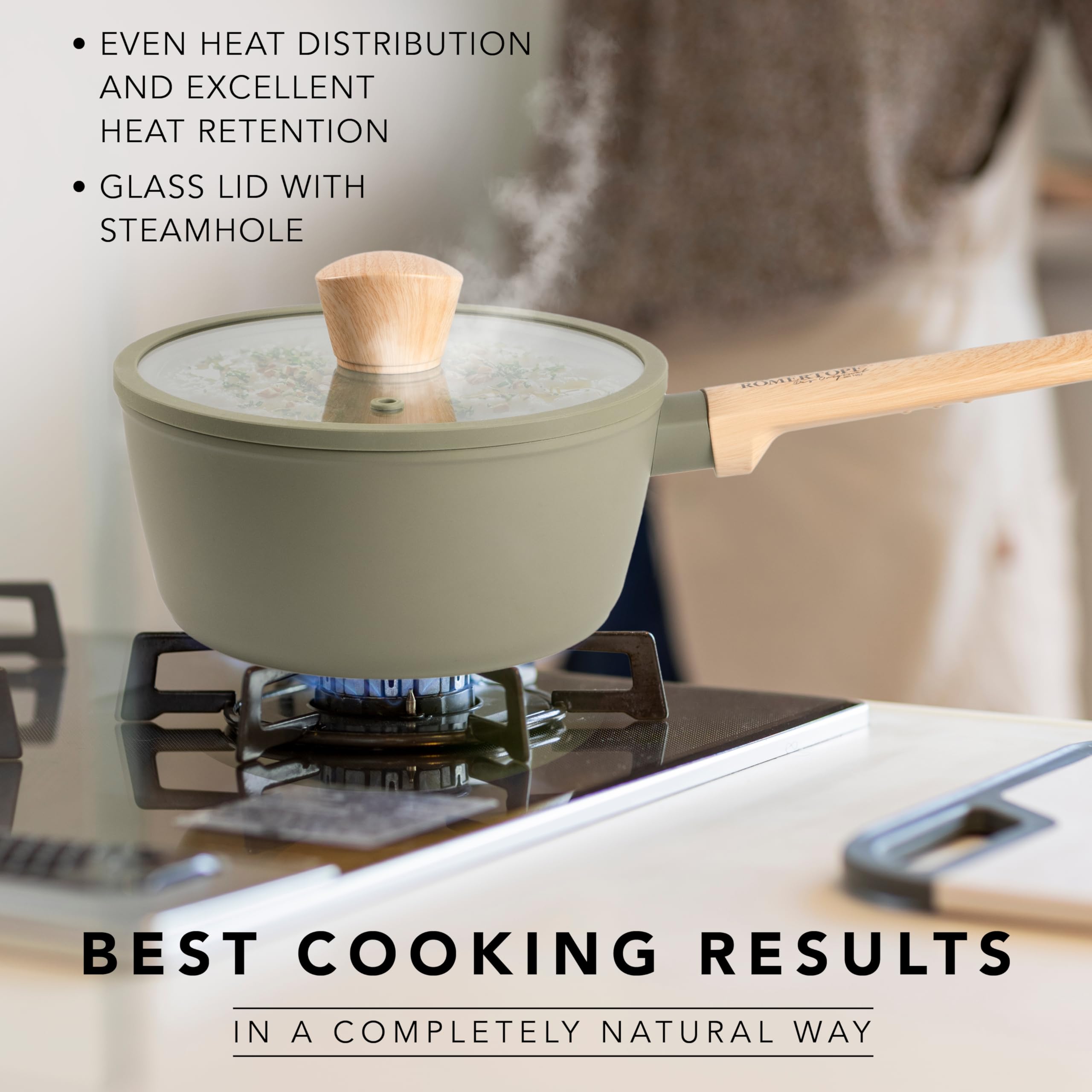 Römertopf Casserole à manche en céramique 20 cm sans PFAS, 2,4 L, couvercle en verre, induction et tous feux, vert