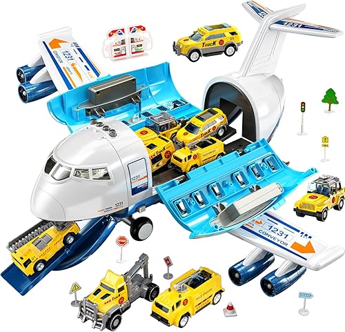 Miniatura 1 de TEMI Juguetes de avión para niños de 3 años, juguete grande de transporte de avión con 12 vehículos de construcción y tapete de juego, juguetes para