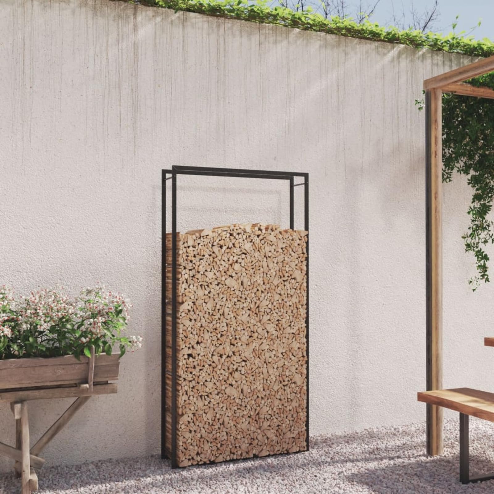 Homgoday Porta-Legna in Acciaio Nero Opaco, 110 x 28 x 214 cm, Resistente alle Intemperie, con Staffa a Parete per Sicurezza