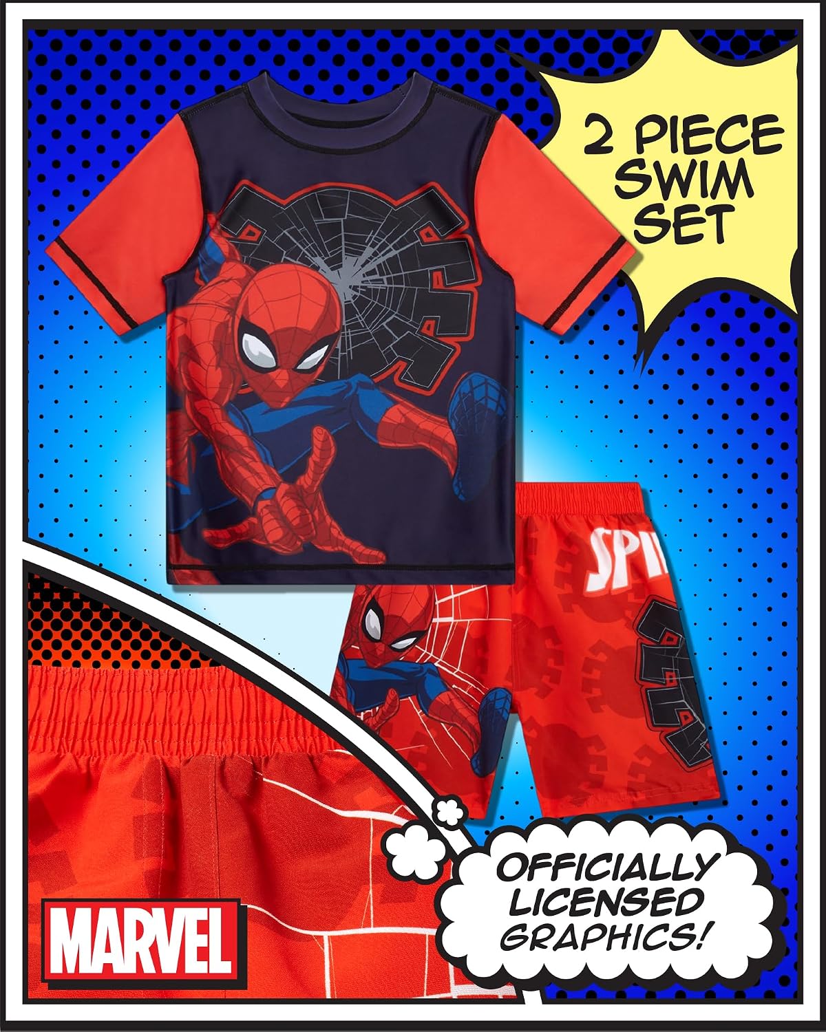 Marvel Boys Rash Guard Set - 2 Piece Hulk Spiderman Spidey & His Amazing Friends UPF50+ Toddler Boys Swim Shirt & Swim Trunks