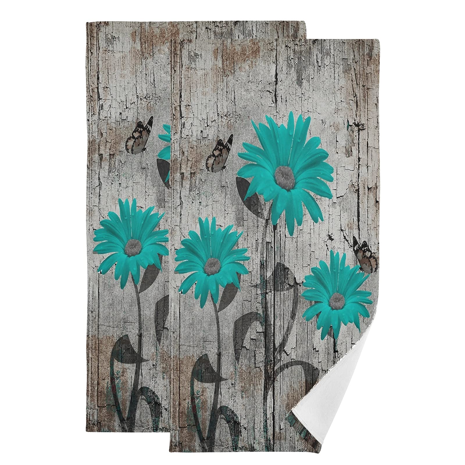 longlulu Turquoise Teal Blue Daisy Wood Hand Towels 2 Pack 28x14.5 in Bathroom Towel Super Soft Highly Absorbent for Bathroom Gym Home Decor Decoration Gift one size
