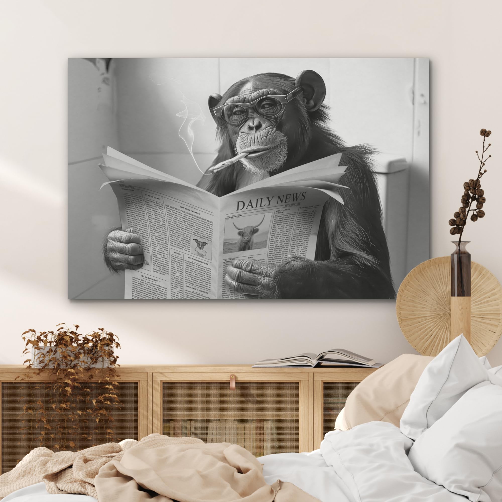 MuchoWow© Wandbilder aus Filz 100x70 cm Wohnzimmer Wanddeko Schlafzimmer Zimmerdeko Wandgemälde Zimmer Deko für die Wand Dekoration Wall Art Affe - WC - Zeitung - Schwarzweiß - Humor