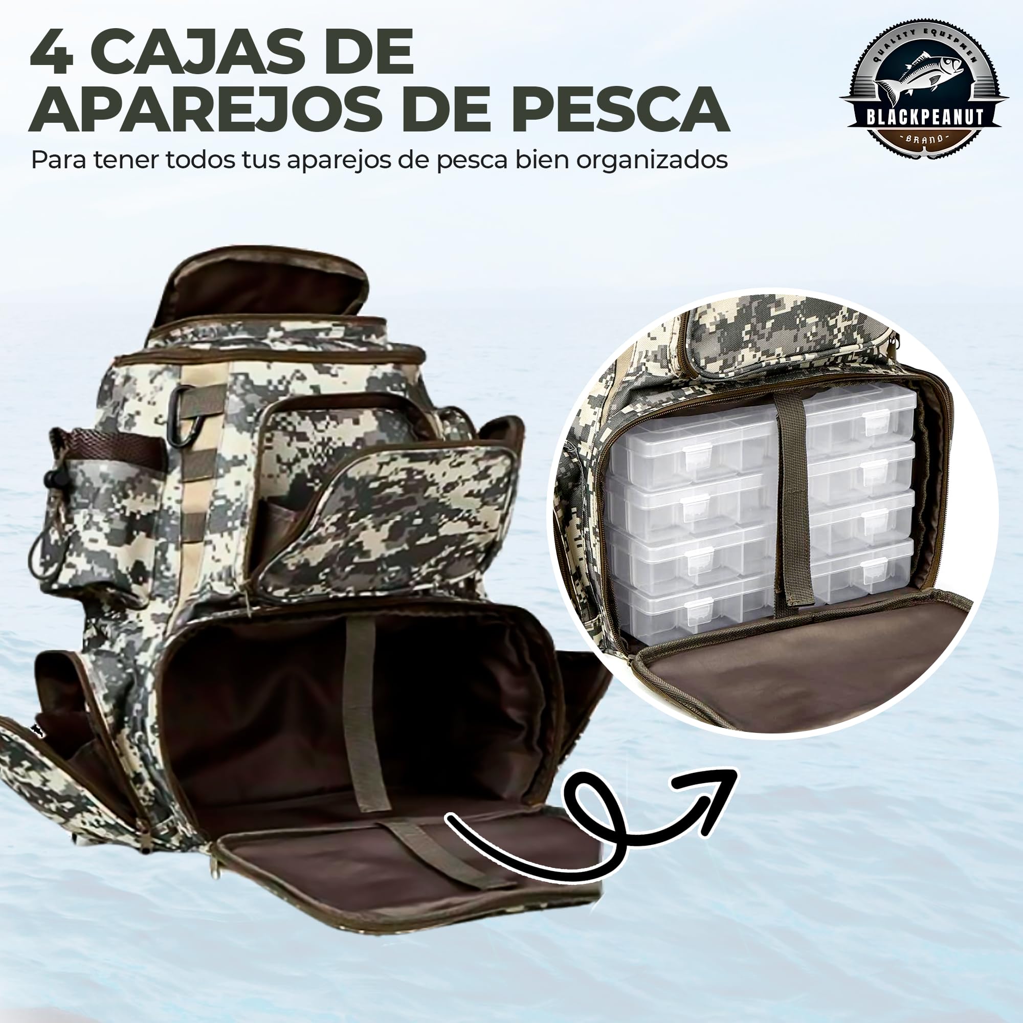 Mochila de Pesca - Cajas de Pesca Incluidas. Almacena y Organiza Tus Accesorios de Pesca- Carro de Pesa de Blackbass, Lucios, Carpfishing, Surfcasting Pesca Desde Orilla.