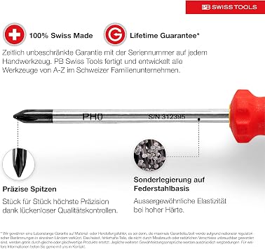PB Swiss Tools Phillips Screwdriver Set PB 8242.CBB | 100% Swiss Made | 4-Piece SwissGrip Screwdriver Set, Size PH 0-3, Including Practical Wall Mount