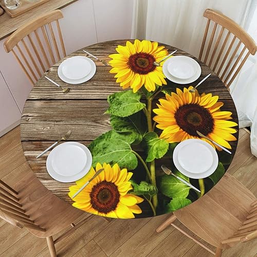 Famame Mantel redondo ajustable con protector elástico, mantel de madera con diseño de girasol para cocina, cena, impermeable, a prueba de aceite,