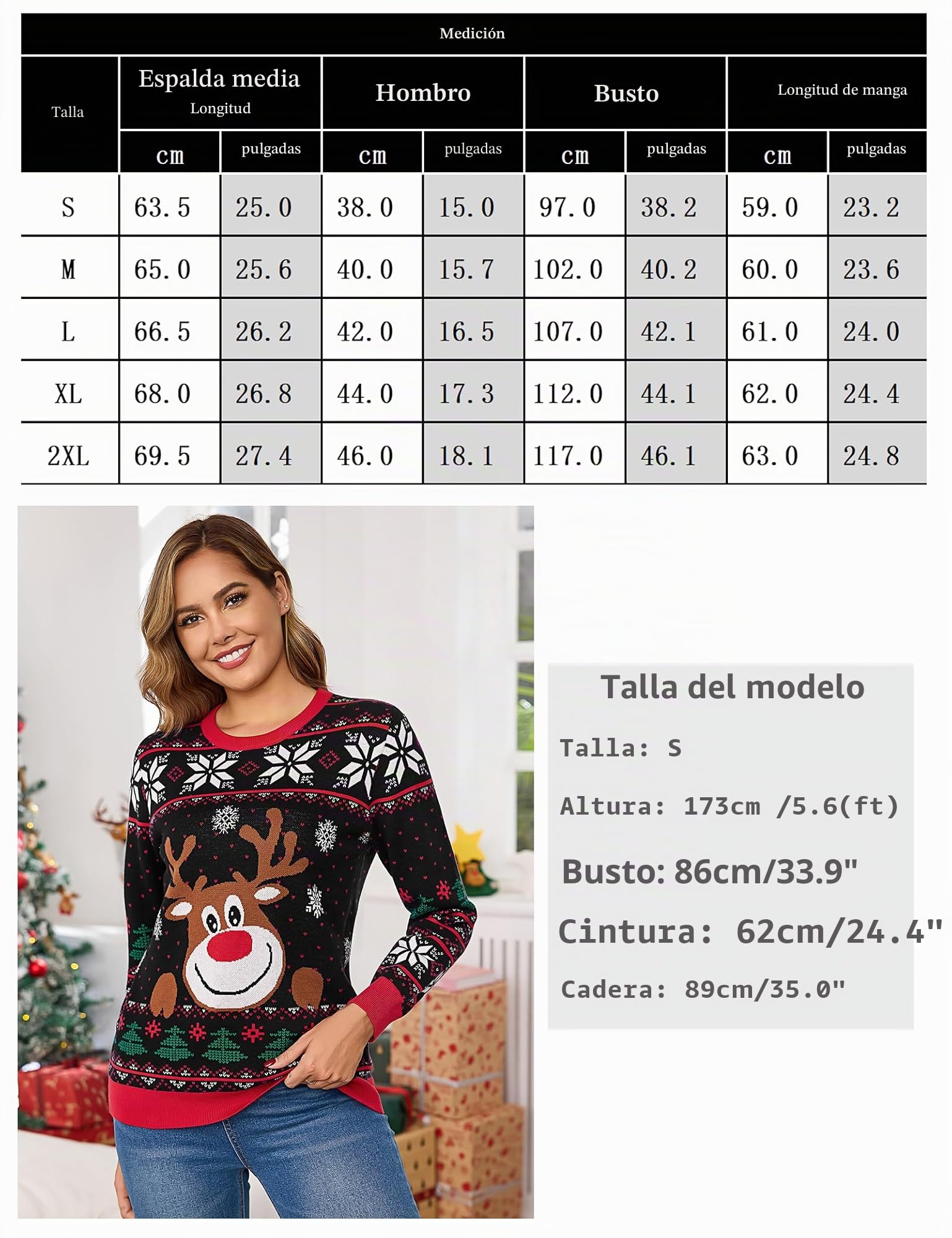 Bresdk Jersey Navideño Mujer Divertido Suéter Navidad de Punto Ugly Christmas Sweater de Reno Invierno Ropa Cuello Redondo para Familiares S-XXL