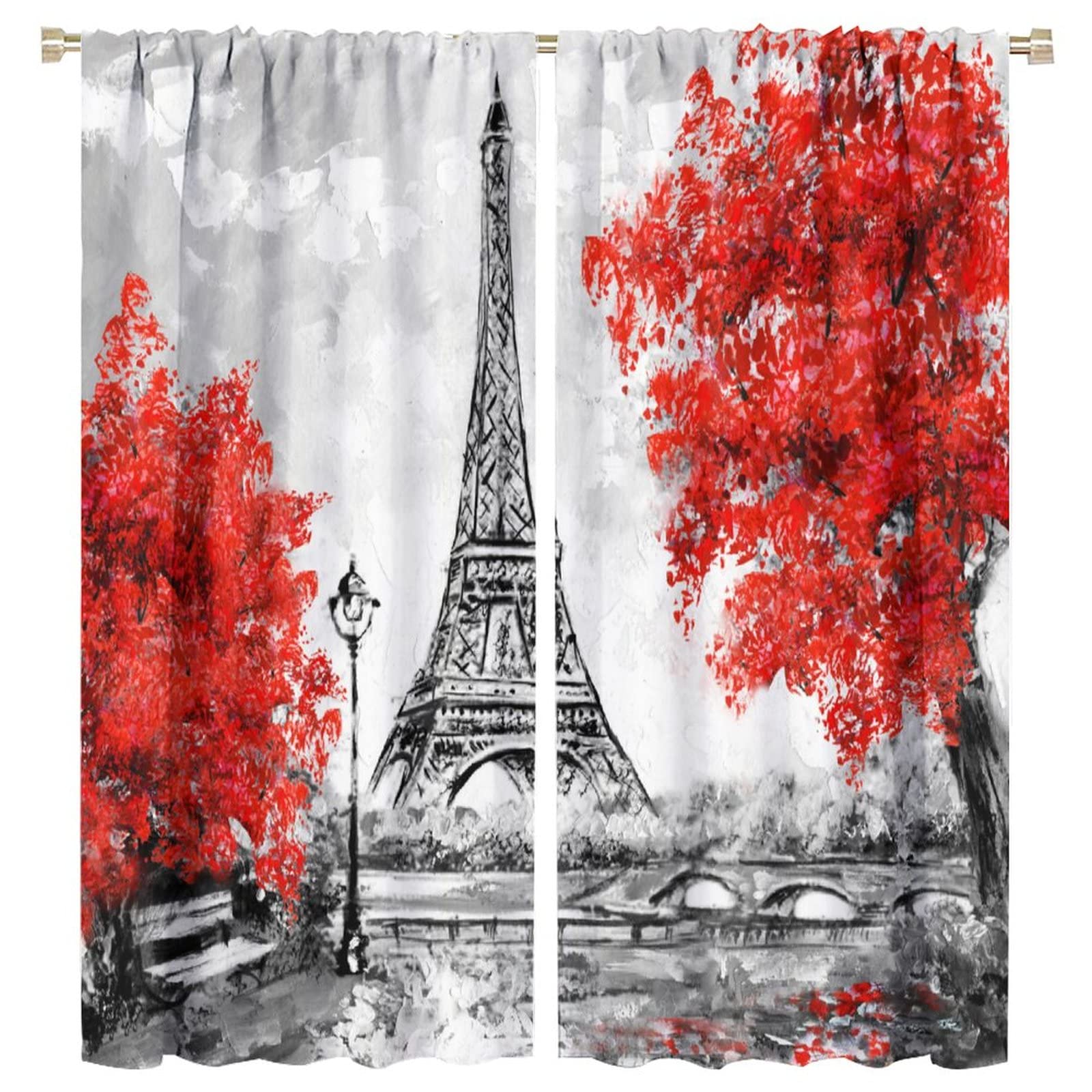 JESTRONRY City Landscape Retro Curtains,Red Paris Oil Painting Eiffel Tower Romance Theme Blackout Rod Pocket Window Drapes Set 2 Panes for Living Room Bedroom Kitchen Cafe W63xL72in