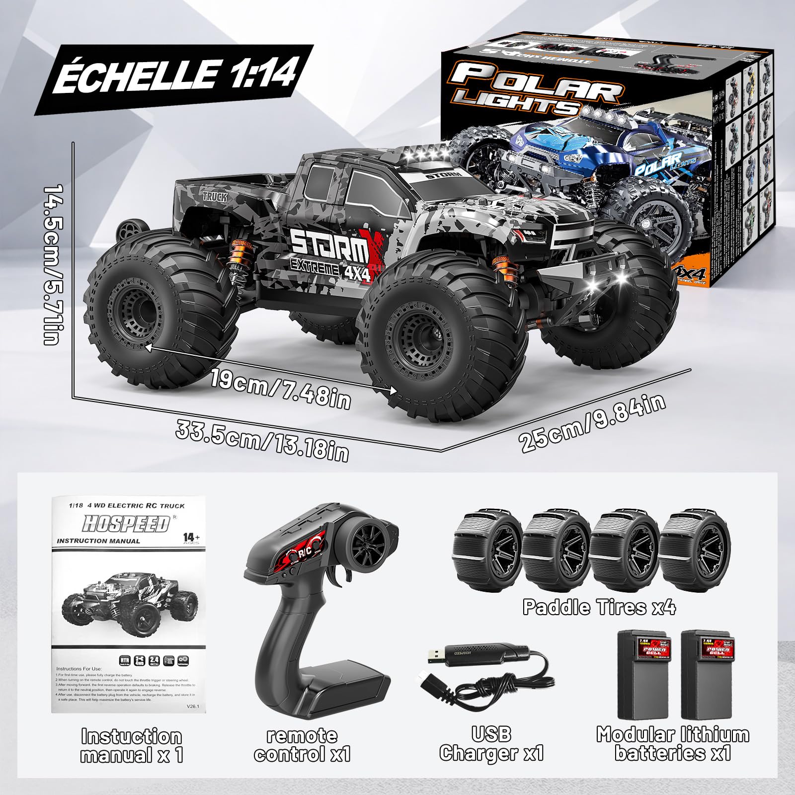 Voiture Télécommandée 1:14 4x4 Tout Terrain 40 km/h, Voiture RC Haute Vitesse avec 2 Batteries 1300mAh Rechargeables et 2 Jeux de Pneus, Voiture Télécommandée Adulte et Garçon