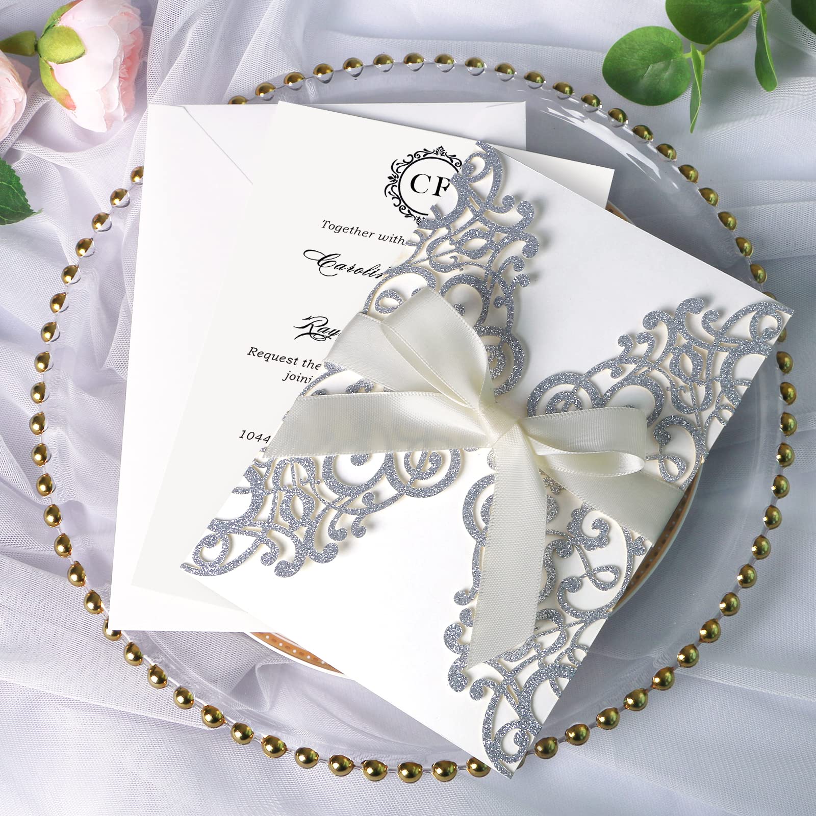 Ponatia 25PCS laser Cut Hollow rose con trapano invito di matrimonio fidanzamento doccia compleanno laurea biglietti d' invito Slivery Glitter