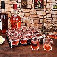 Vista 3 de D&Z Vaso de chupito de 2 onzas con soporte, juego de vasos de chupito de tequila, fácil de llevar, 12 vasos de base pesada sin derrames, bandeja