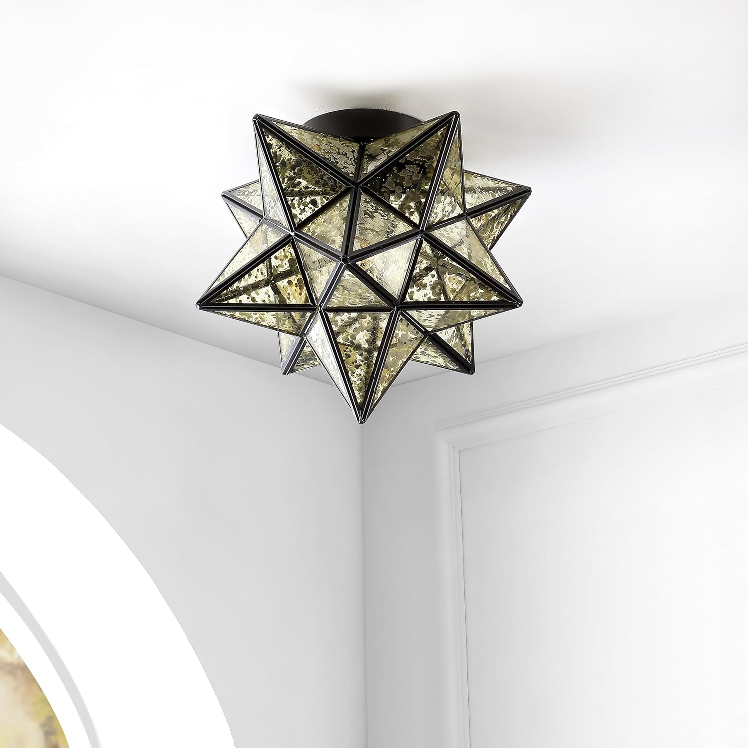 JONATHAN Y 12" Oil Rubbed Bronze Moravian Star LED Flush Mount Ceiling Light, Geometric Iron Lantern with Clear Glass Shade for Entryway Hallway Foyer, LED Bulb Included (JYL9035D)