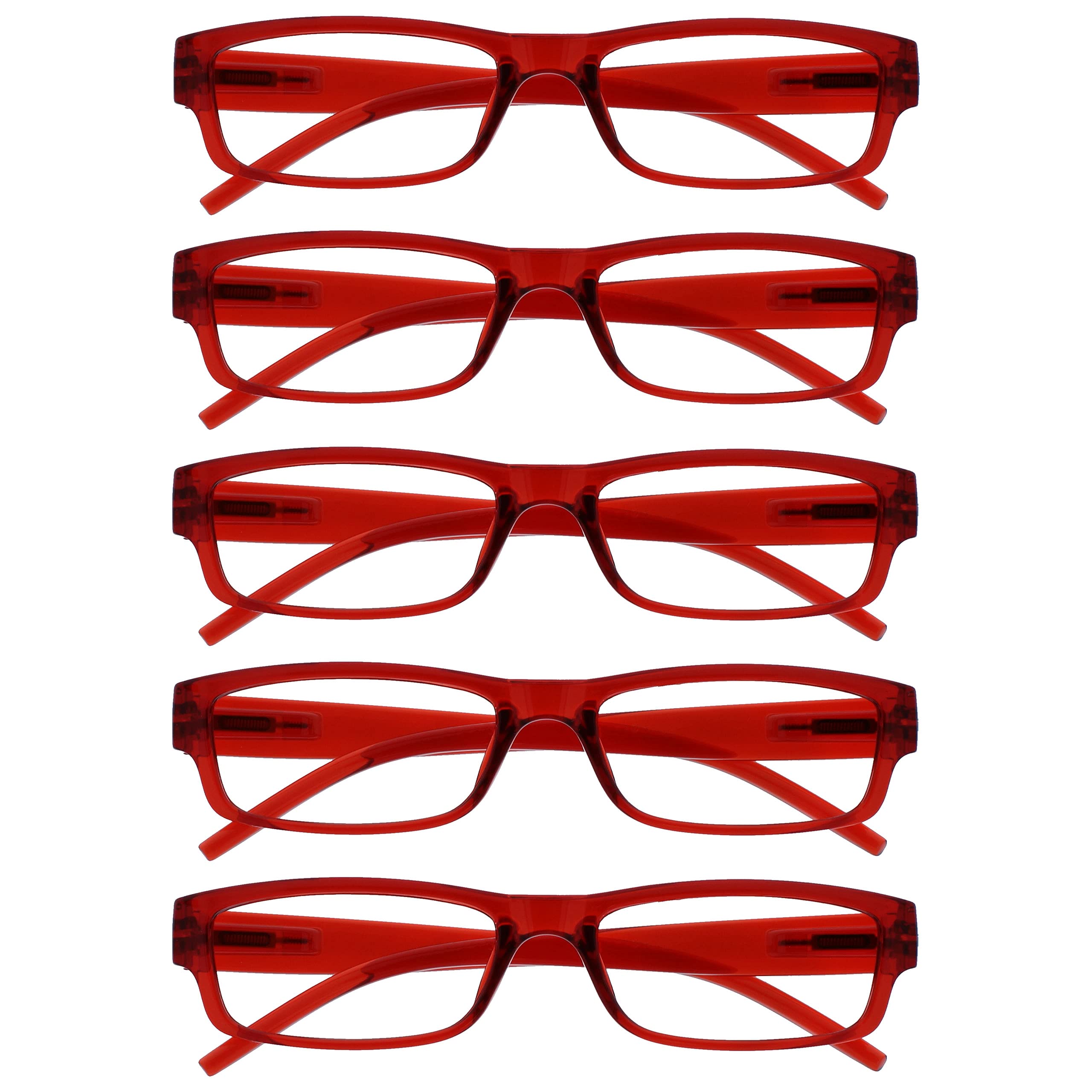 OPULIZE ACE Reading Glasses for Women Men, Lightweight Comfortable Narrow Rectangular Frame with Spring Hinges, Scratch Resistant, Red +2.5 (Pack of 5)