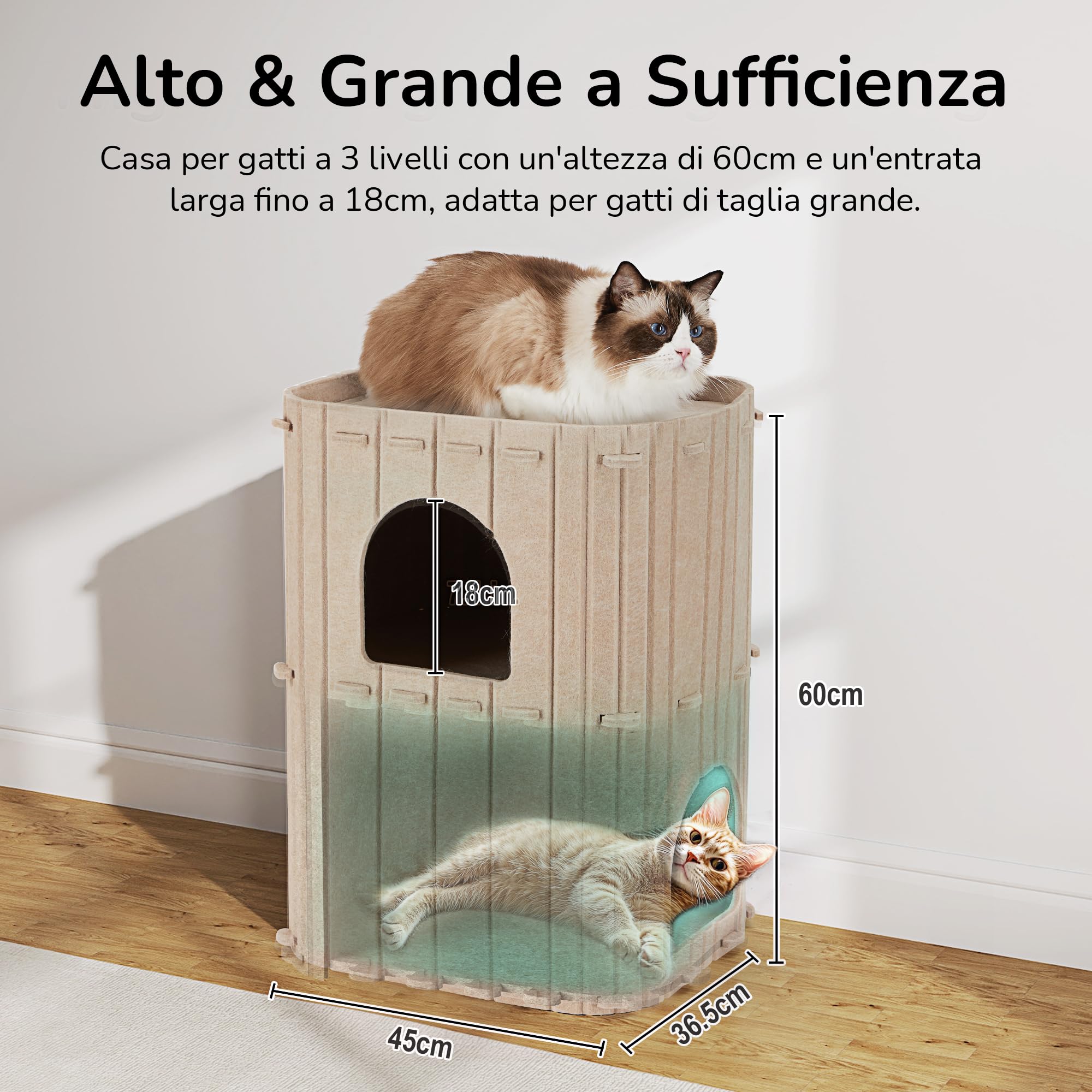 FUKUMARU Cuccia per Gatti da Interno, Tana a 2 Piani Letto per Gatti Grande, Tunnel Condo in Feltro Morbido per Nascondiglio e Gioco per Più Gatti, 45x36.5x60 cm, Cammello