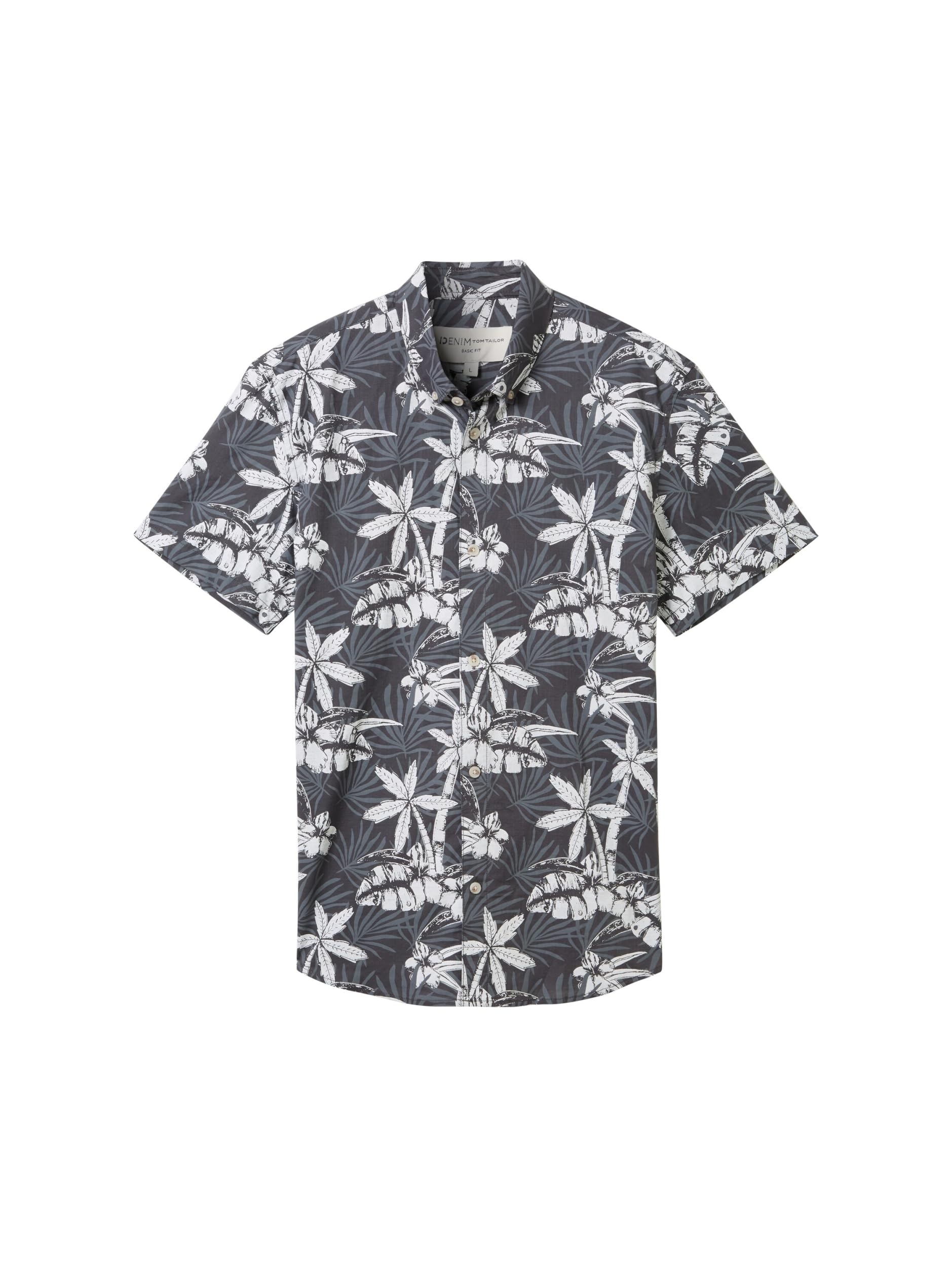 TOM TAILOR Denim Herren Kurzarm Hemd mit Palmen-Muster, 35502 - grey white tropical print, M