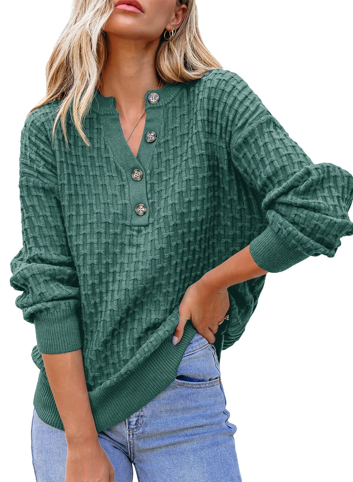 Dokotoo Womens Sweaters 2025 Casual Long Sleeve Henley Shirts V Neck Textured Button Fall Sweater Loose Fit Jumper
