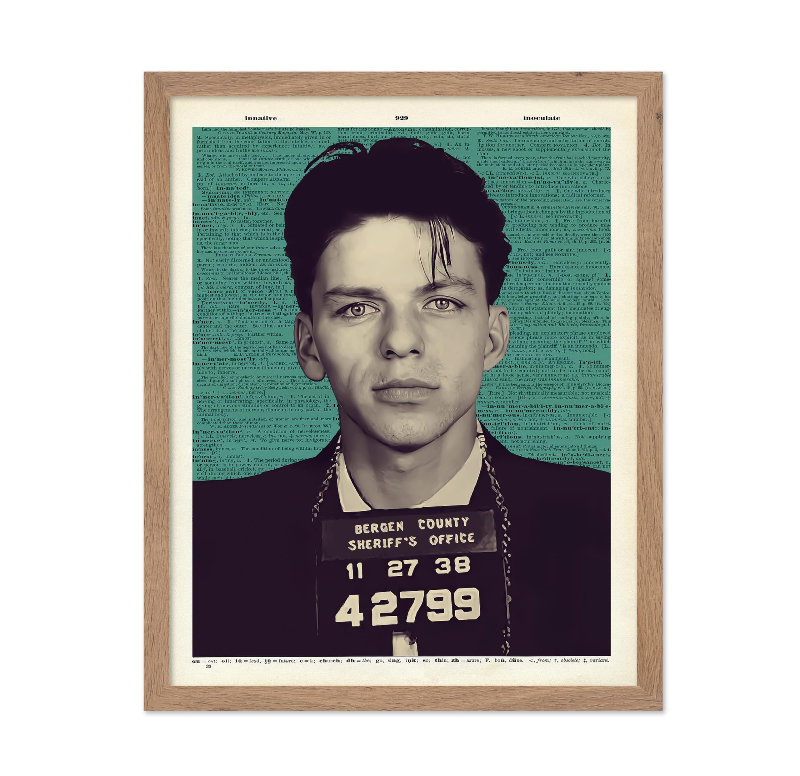 Poster Master Singer Mugshot Print - Retro Ol' Blue Eyes Poster - Dictionary Art - Celebrity Musician Portrait Wall Design - Great Bedroom or Living Room Decor - 16x20 Beige Framed