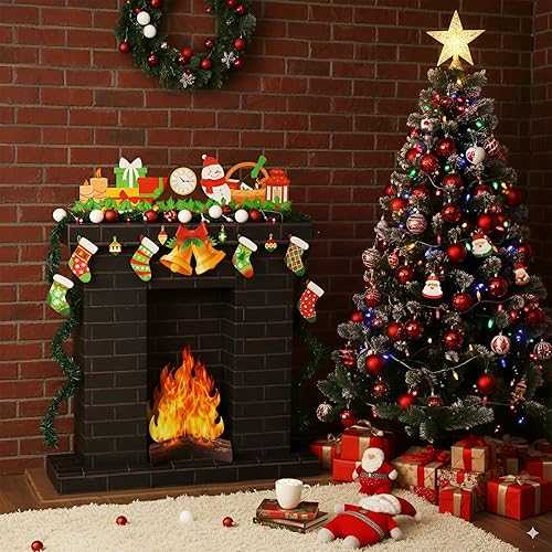 Miniatura 7 de Chimenea de cartón corrugado de Navidad de 35.5 x 29 x 8 pulgadas, chimenea de cartón con media llama de fuego 3D, campana de pino para decoración