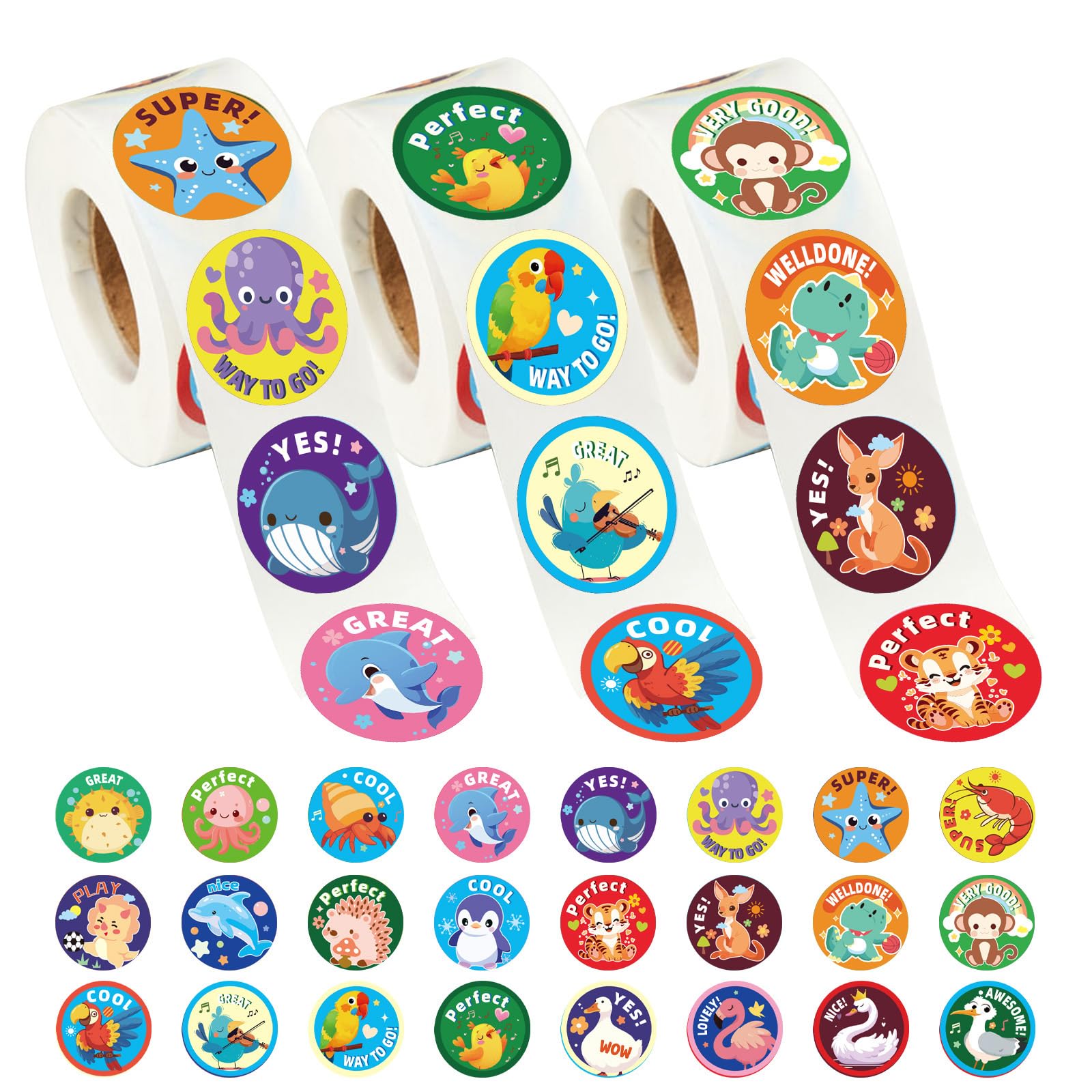 3 Rolls of Reward Stickers for Kids, 1500 Pcs Teacher Motivational Stickers Supplies for School Classroom Home, 24 Animal Designs (Each Measures 1 in Diameter)