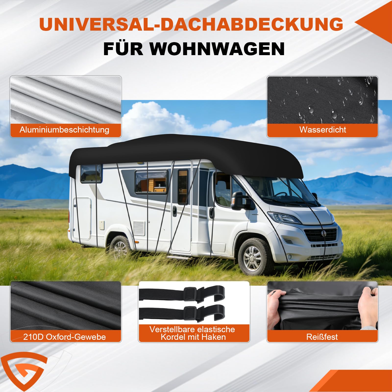 GEARMONSTER 6,5x3m Wohnwagen Abdeckung 210D Oxford Wasserdicht, Schwarz | Schutzhülle, UV Schutz, Regenschutz, Staubschutz, Dachabdeckung, atmungsaktiv, Wohnwagen, langlebiges Oxford Gewebe