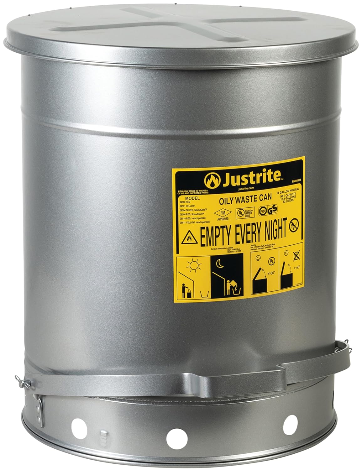 Justrite 14 Gallon Galvanized Steel Oily Waste Can, 20" x 16" Metal Oil Rag Safety Can with Quiet Foot Operated Self-Closing Lid for Oil Rag Disposal, Made in The USA, Silver, 09504
