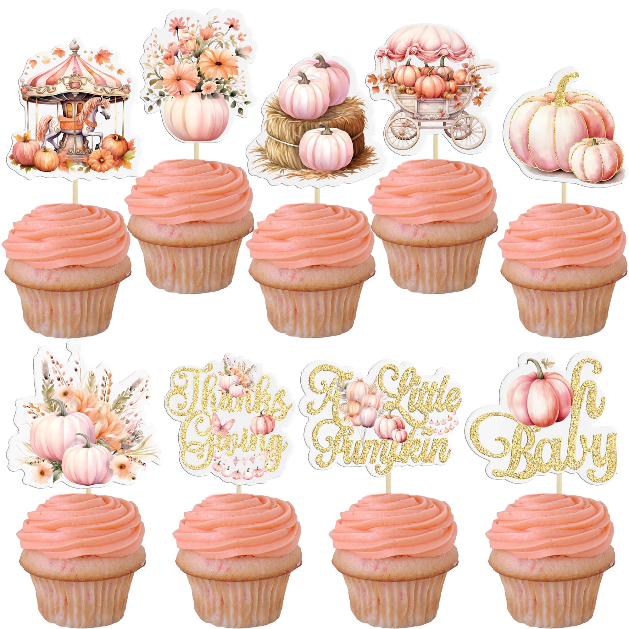 Gyufise 36Pcs Pumpkin Oh Baby Cupcake Toppers Little Pumpkin Baby Shower Cake Decorations Fall Floral Cake Topper Picks for Thanksgiving Halloween Gender Reveal Party Supplies Pink