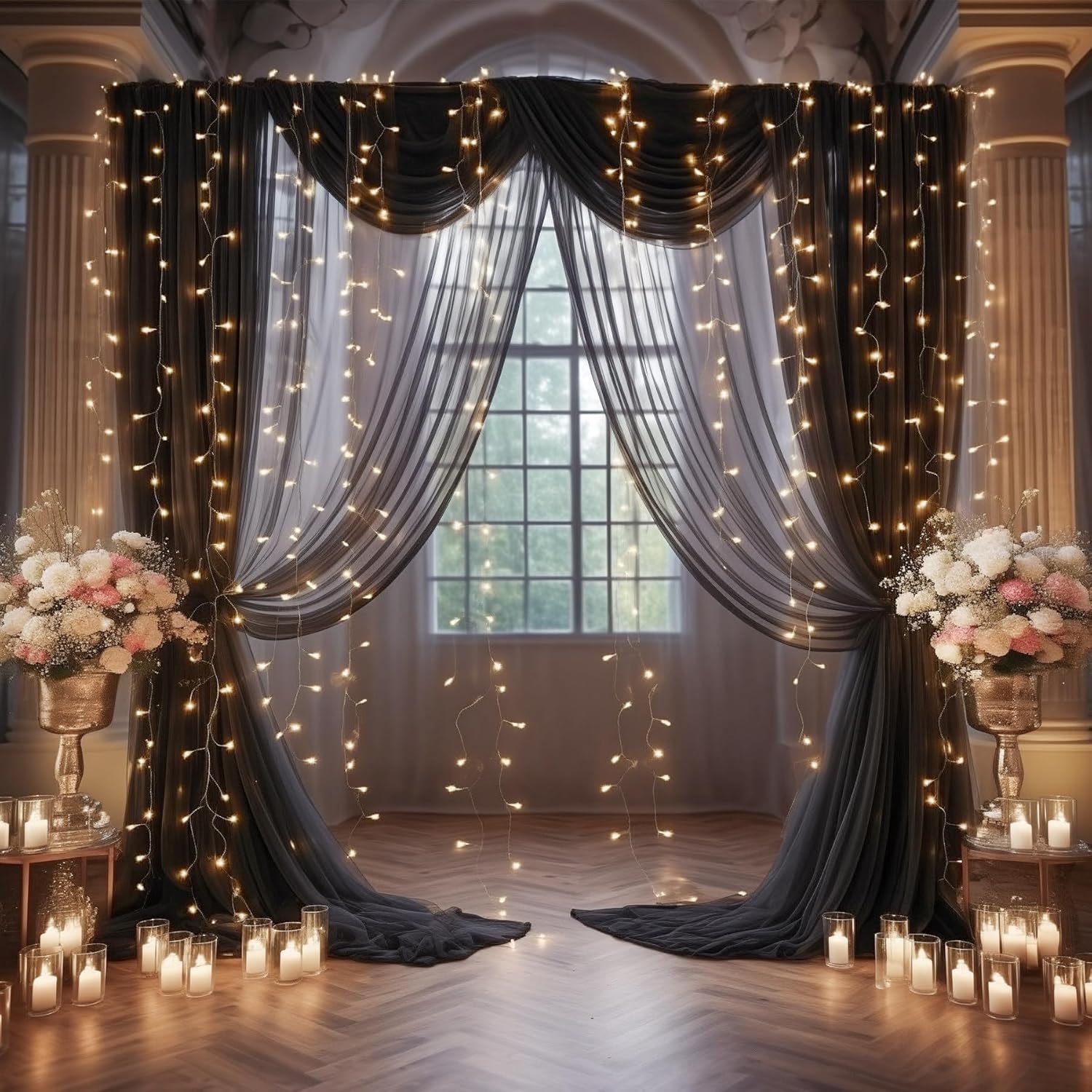 10x10ft Black Tulle Backdrop Curtain with Lights String for Parites, Sheer Photo Backdrop Curtains with Lights for Wedding Backdrop Ceremony Reception Bridal Shower Baby Shower Birthday Party