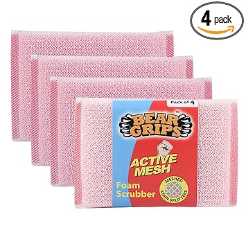 BEAR GRIPS Active mesh Scrub - Foam/Sponge Scratch Proof Scrubber with with Stain Splitter net for All Utensils Type Dish Washing and Heavy and Oily Stains Cleaning - Pack of 4