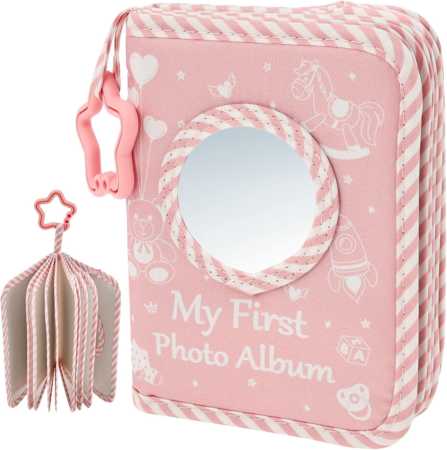 MENIBBLER Baby Photo Album Soft Book, My First Photo Book with Mirror Toddler Family Memory Books, Baby Photos Album Holds 17 6x4" Pictures, Keepsake Gifts for Family Newborn Babies Shower (Pink)