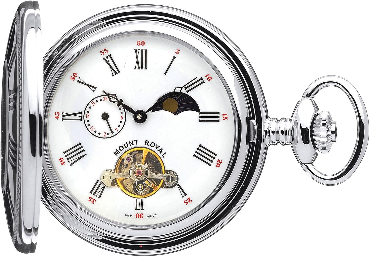 I LUV LTD Skeleton Half Hunter Pocket Watch Chrome Polished Back - 17 Jewel Mechanical